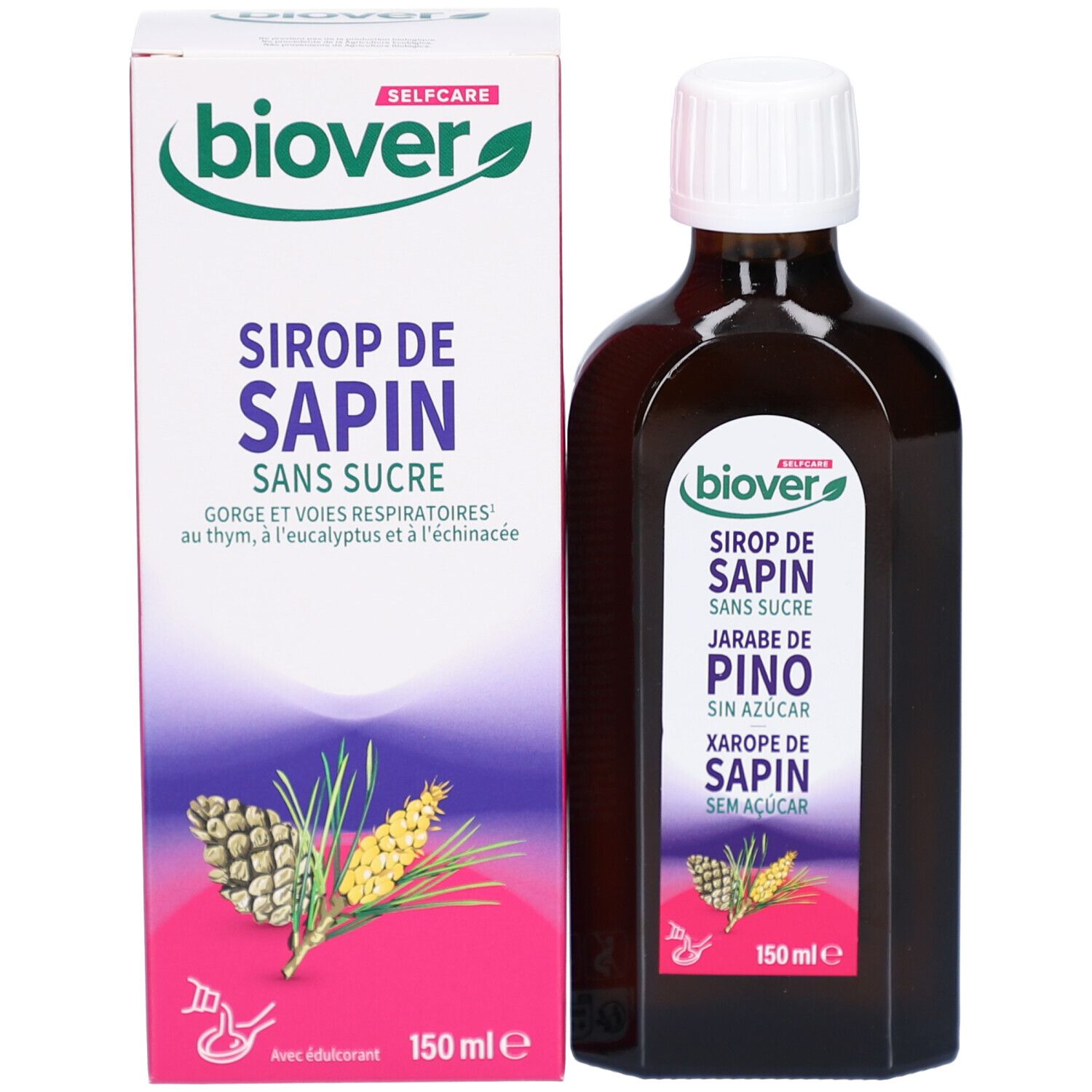 Flacon et emballage du produit. Boîte blanche avec nom et logo du produit. 150 ml.