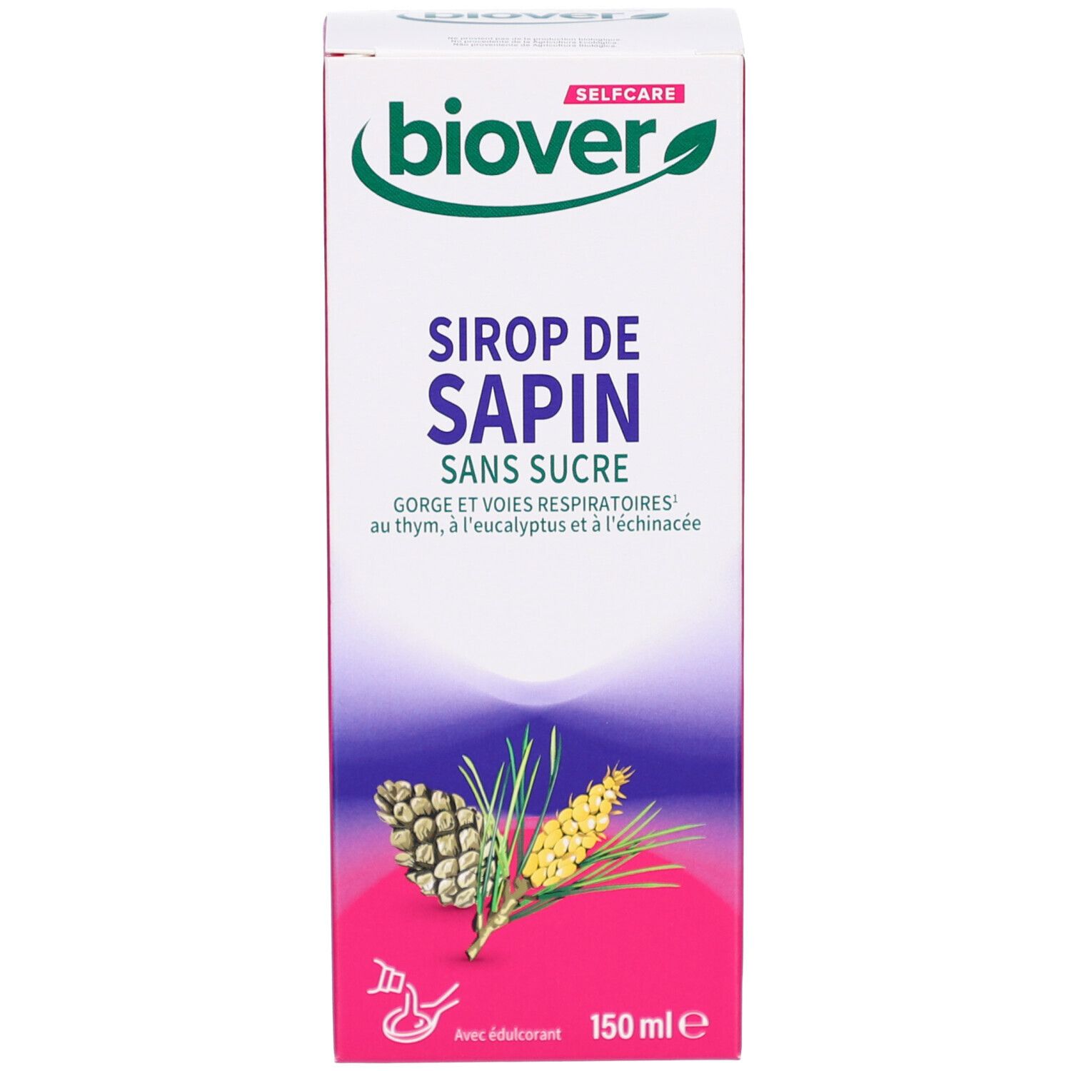 Emballage blanc avec nom et logo du produit. Illustration de branches de pin. 150 ml.