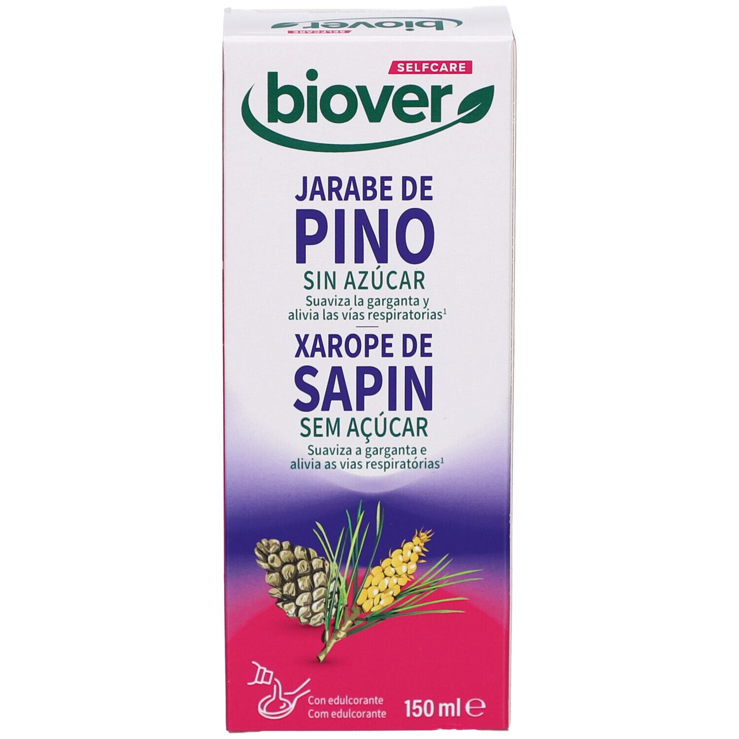 Emballage avec nom du produit en plusieurs langues. Illustration de branches de pin. 150 ml.