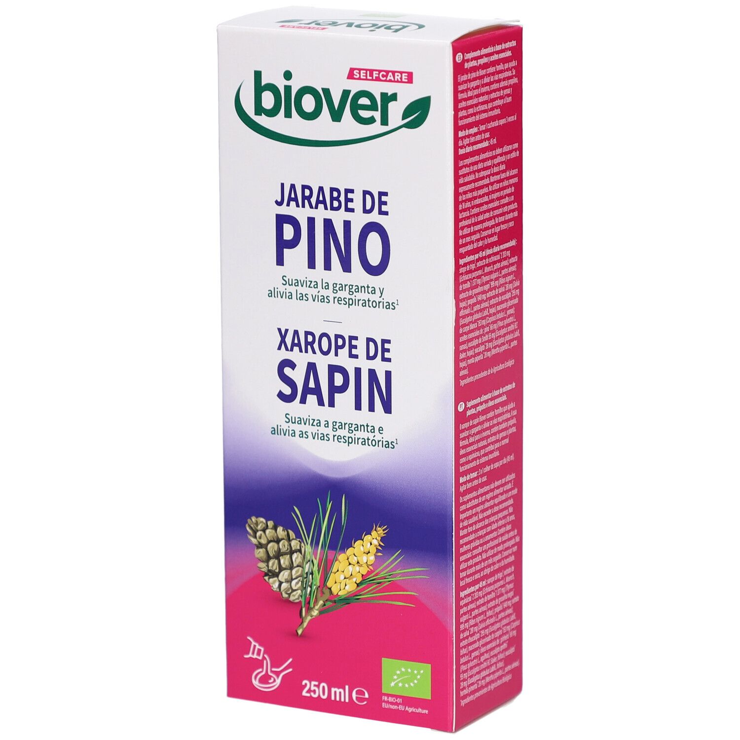 Boîte de BIOVER Winter Sirop Sapin. Inscriptions: Jarabe de Pino, Xarope de Sapin. Illustrations de cônes de pin.