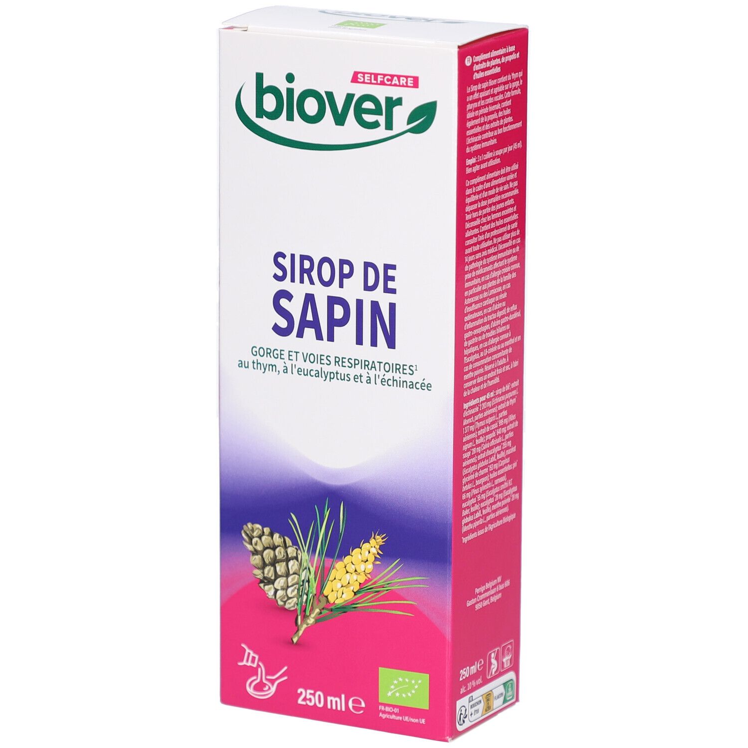 Boîte de BIOVER Winter Sirop Sapin. Inscription: Sirop de Sapin. Illustrations de cônes et de branches.