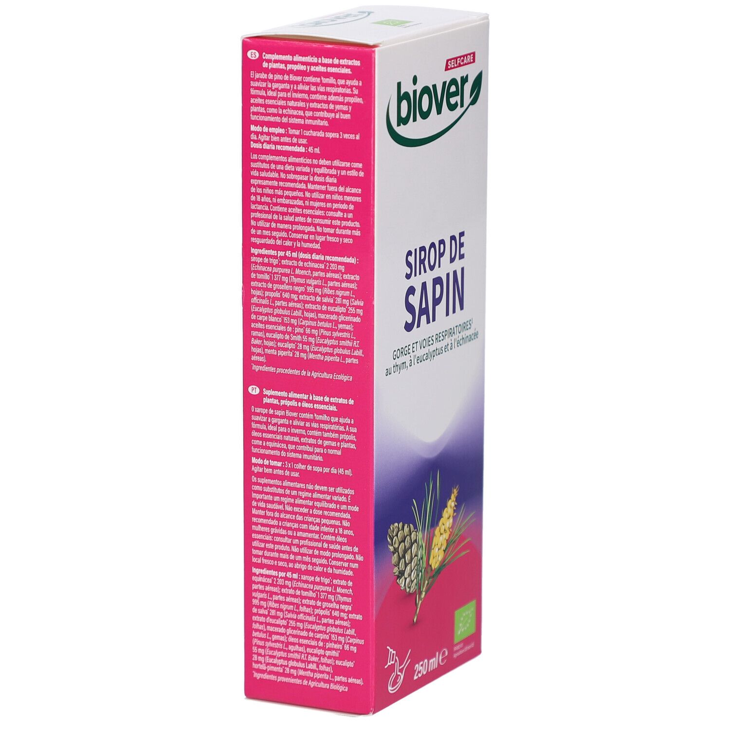 Boîte de BIOVER Winter Sirop Sapin. Texte: Sirop de Sapin. Liste des ingrédients et label bio.