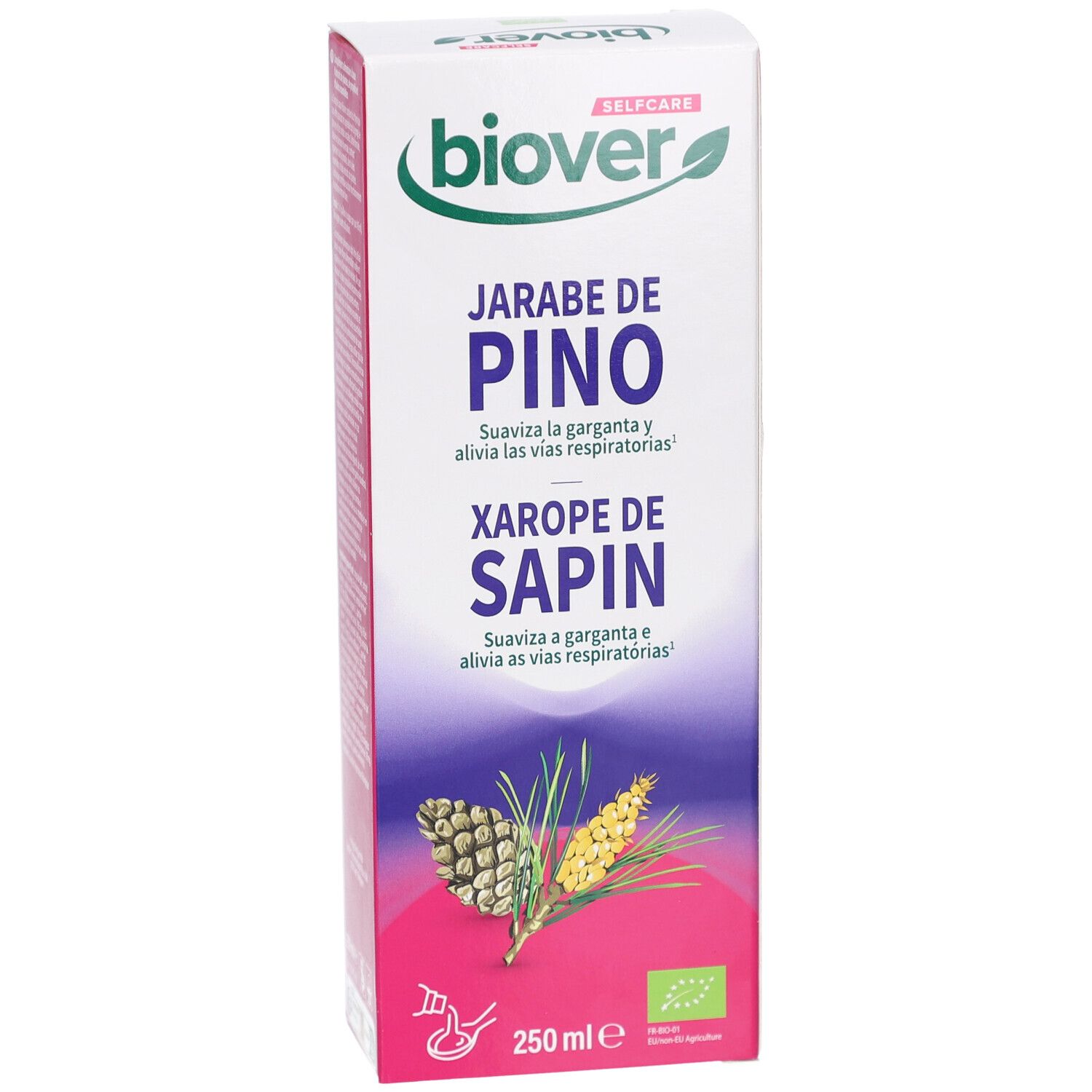 Boîte de BIOVER Winter Sirop Sapin. Inscriptions: Jarabe de Pino, Xarope de Sapin. Illustrations de cônes de pin.