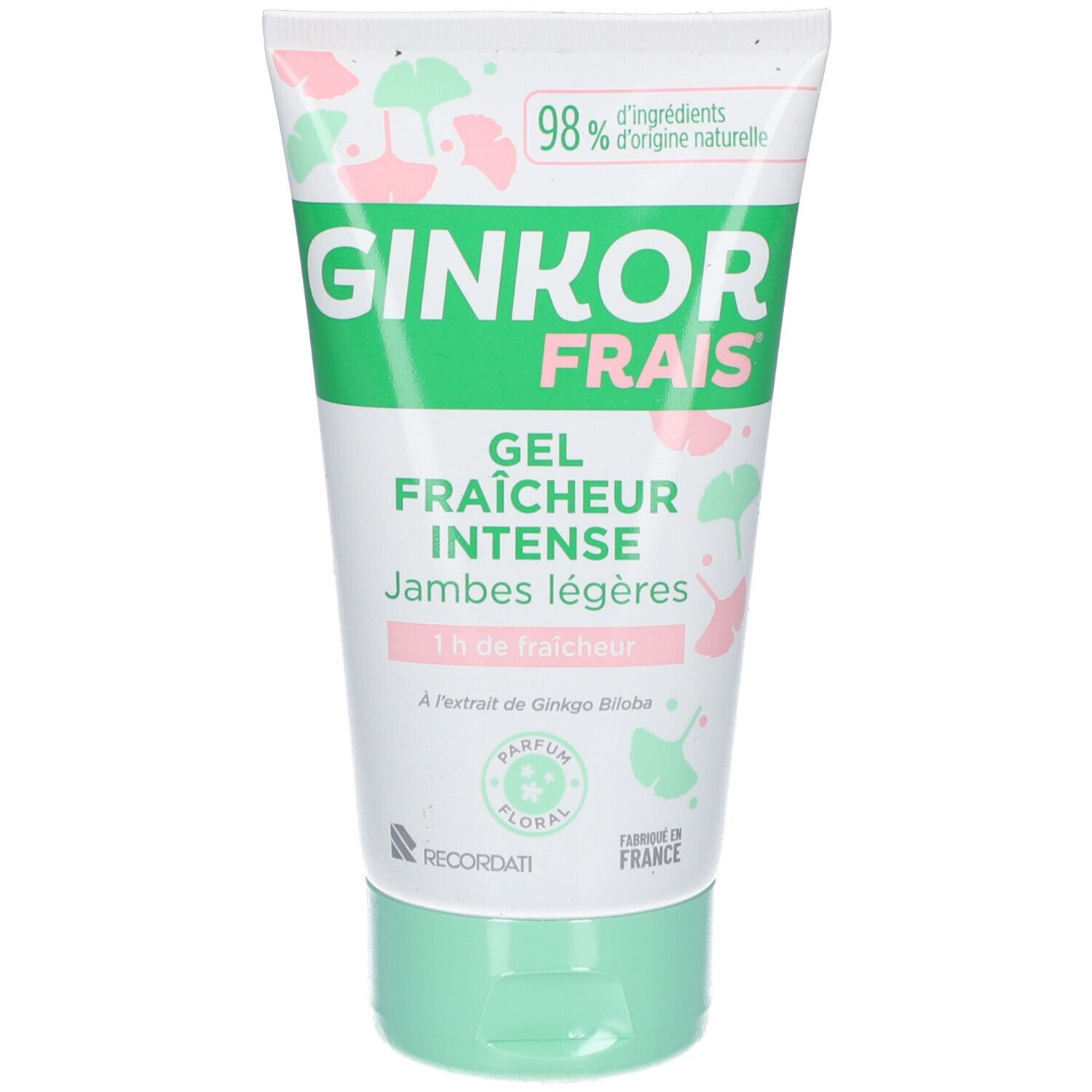 Tube de gel GINKOR Frais. Design vert et blanc. Inscription: Fraîcheur Intense, 98% d'ingrédients naturels. Contient de l'extrait de Ginkgo Biloba.