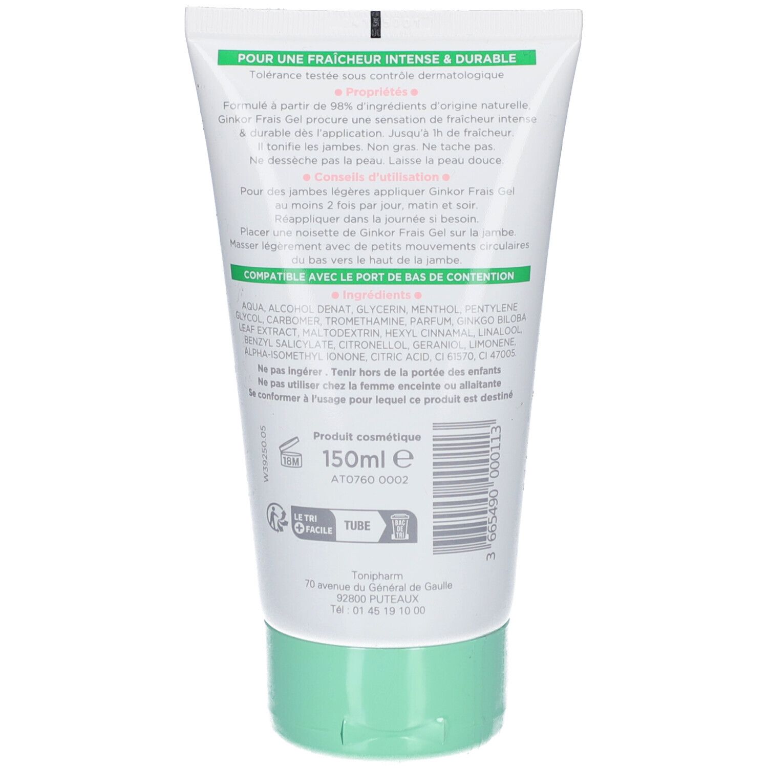 Dos du tube de gel GINKOR Frais. Texte: 150ml, ingrédients, mode d'emploi. Bouchon vert.