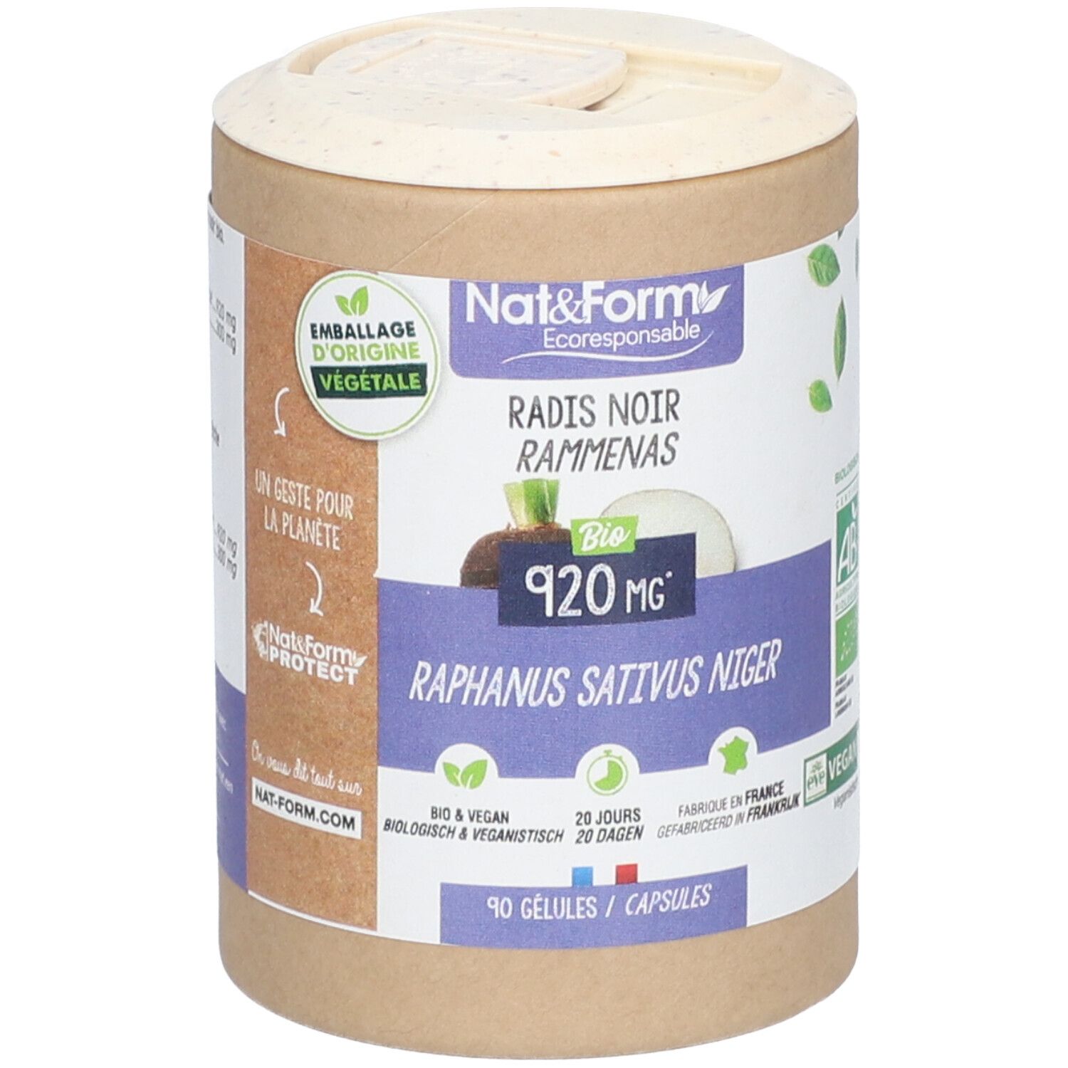 Boîte cylindrique avec couvercle. Inscription : Nat&Form, Radis noir rammenas, Bio 920 mg, 90 Gélules/Capsules. Vegan.