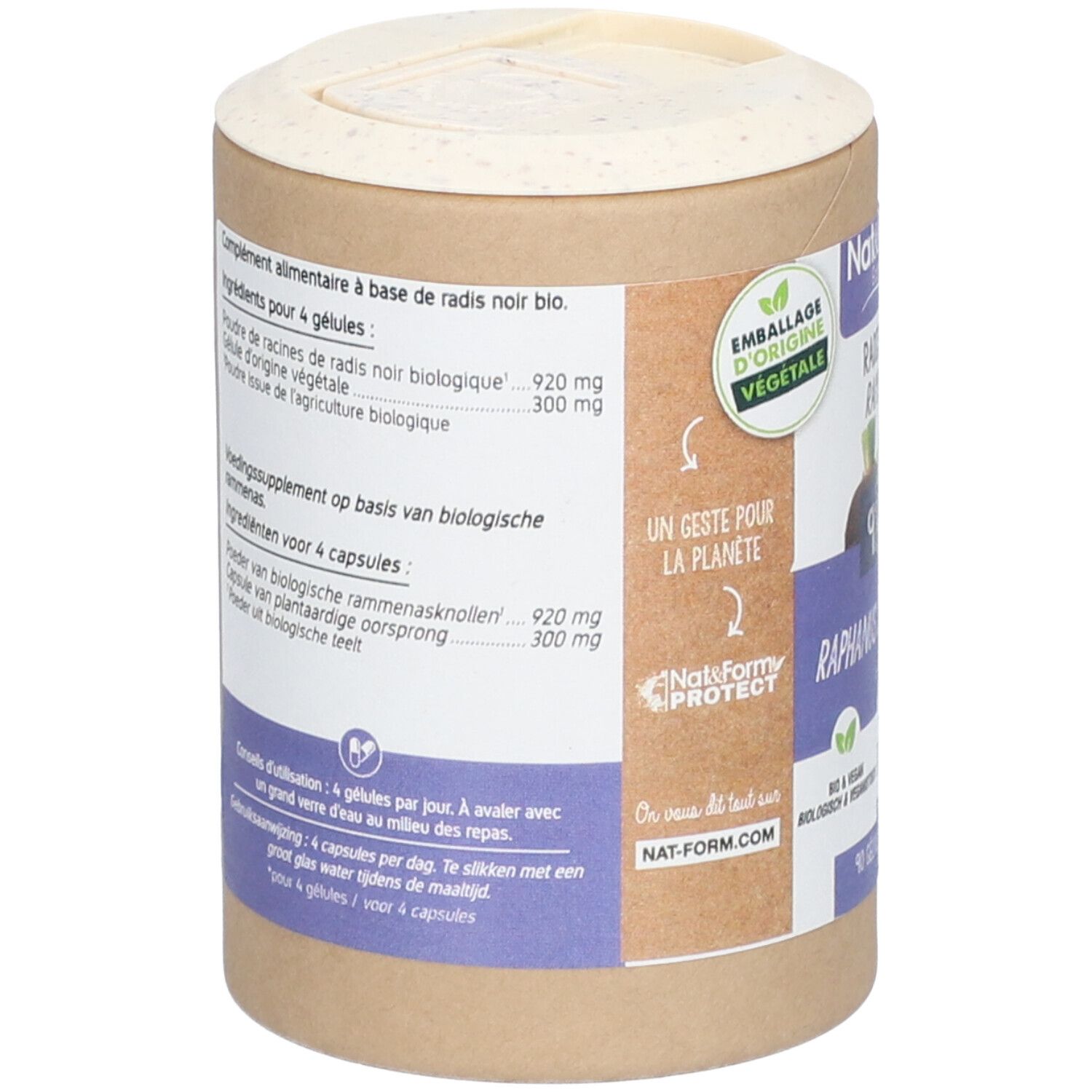 Dos de la boîte. Texte : Complément alimentaire à base de radis noir bio. Ingrédients, dosage, logo vegan.