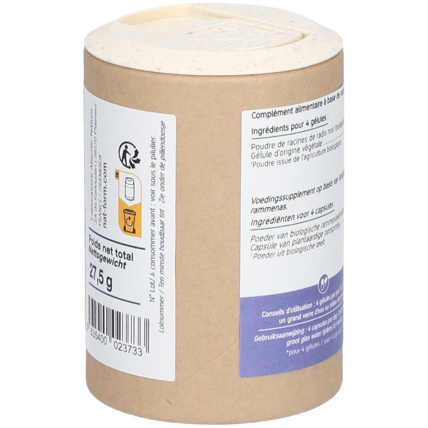 Dos de la boîte. Texte : Poids net total 27,5 g. Code-barres. Symbole de recyclage. Informations fabricant.