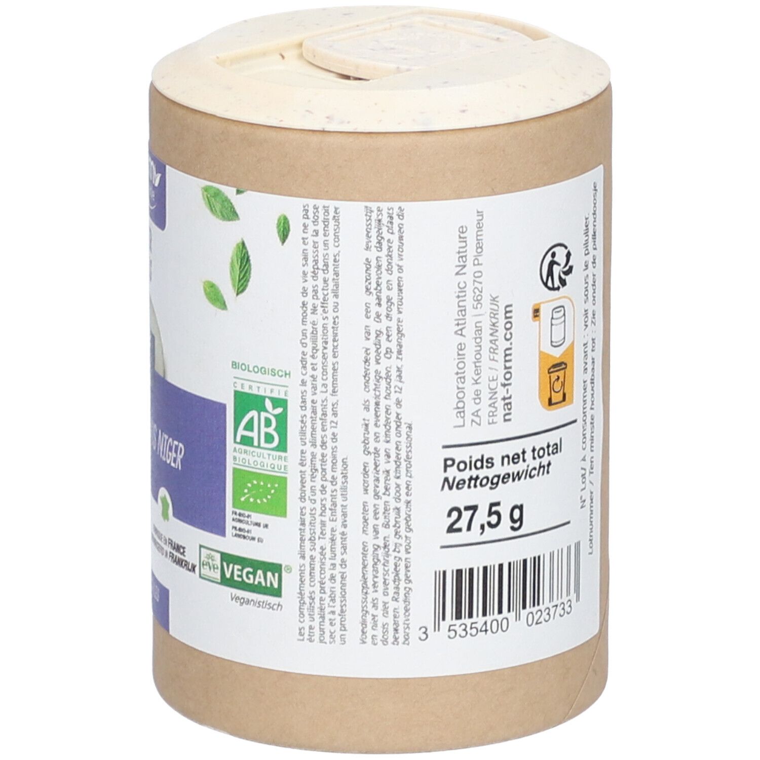 Boîte cylindrique avec couvercle. Inscription : Nat&Form, Radis noir rammenas, Bio 920 mg, 90 Gélules/Capsules. Vegan, logo AB.