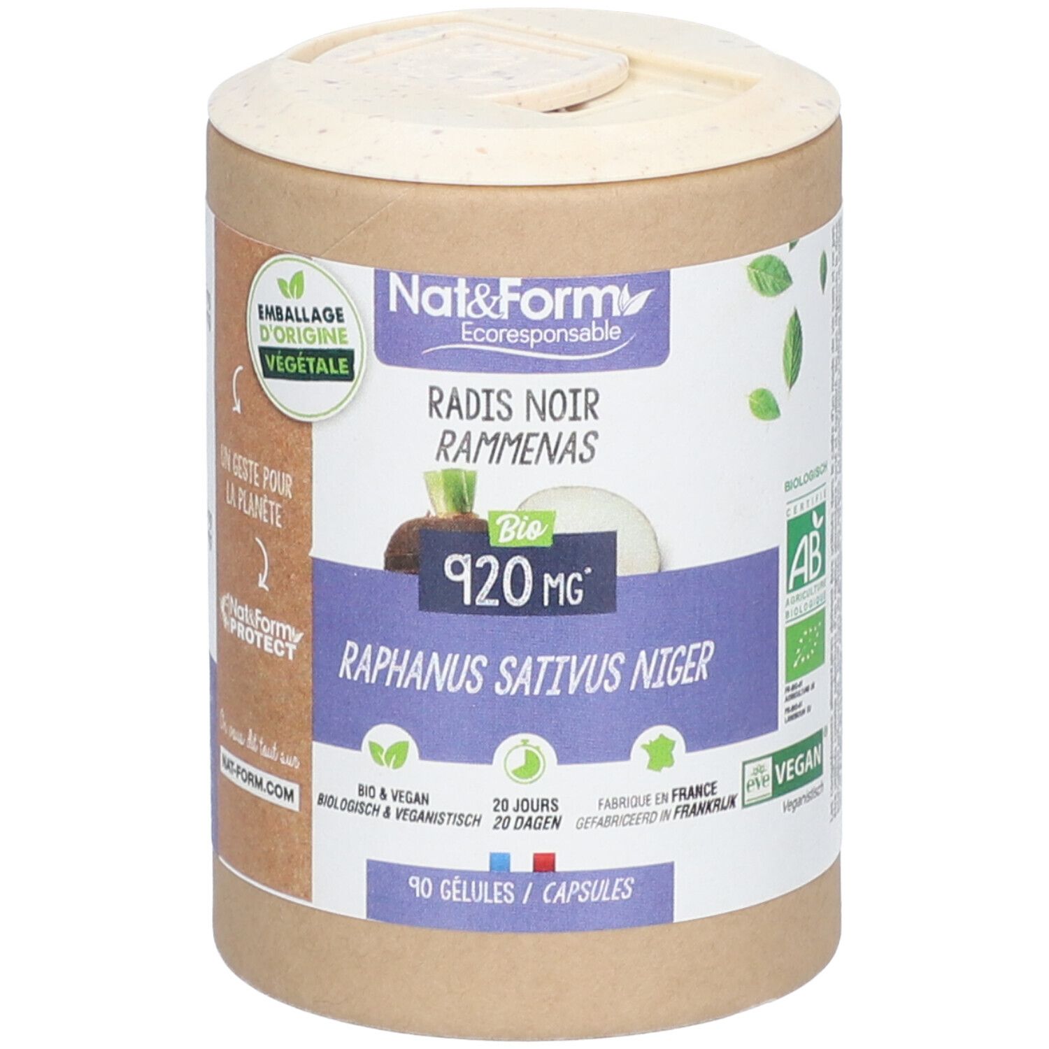 Boîte cylindrique avec couvercle. Inscription : Nat&Form, Radis noir rammenas, Bio 920 mg, 90 Gélules/Capsules. Vegan.