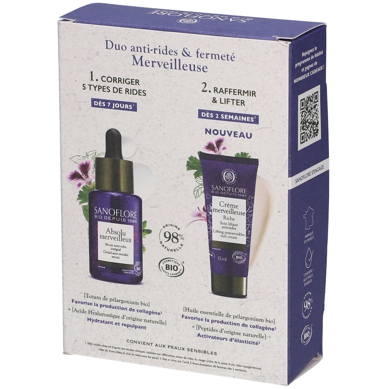 Sanoflore Coffret duo anti-rides et fermeté Sérum anti-rides Absolu merveilleux certifié Bio 30ml + Crème merveilleuse riche liftante certifiée Bio 15ml offerte