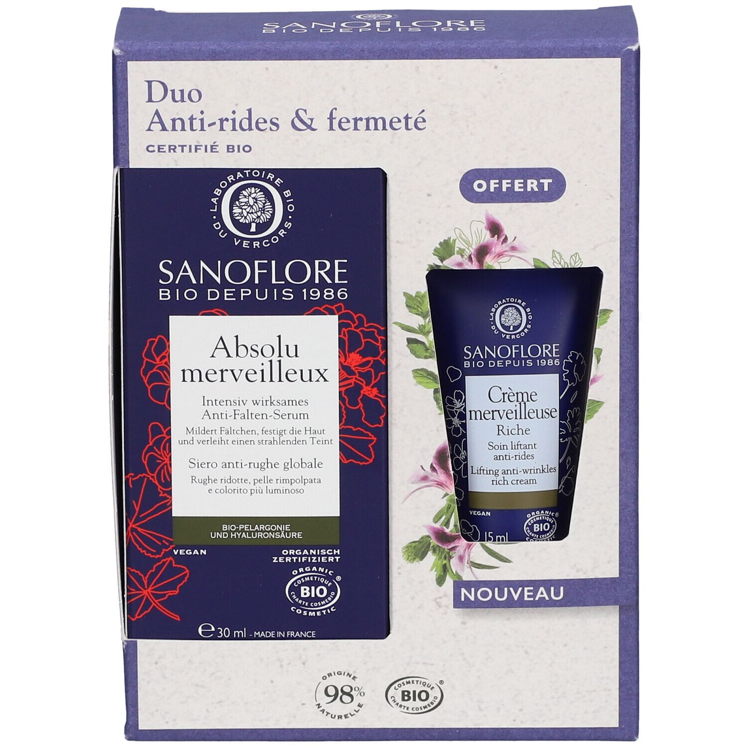 Sanoflore Coffret duo anti-rides et fermeté Sérum anti-rides Absolu merveilleux certifié Bio 30ml + Crème merveilleuse riche liftante certifiée Bio 15ml offerte