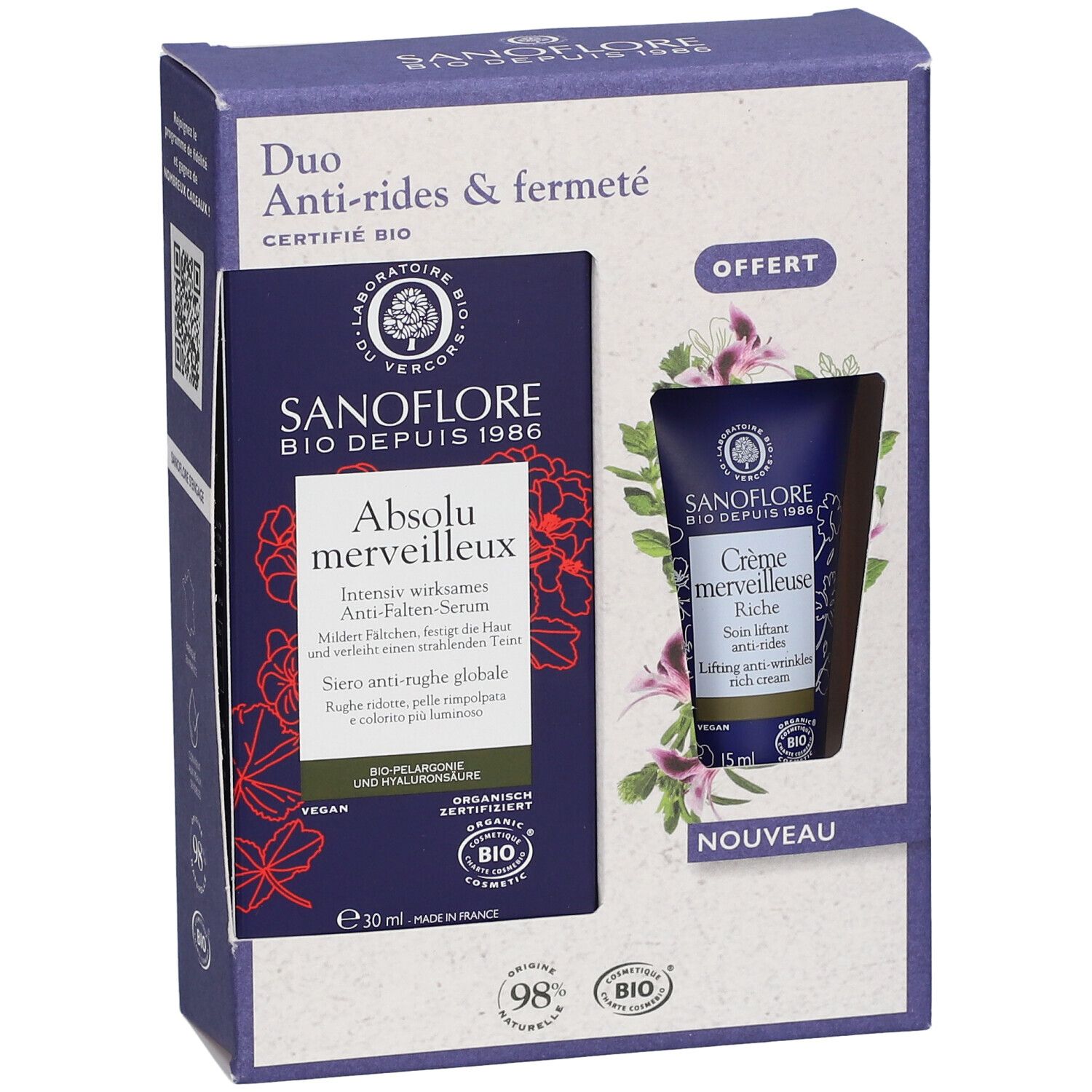 Sanoflore Coffret duo anti-rides et fermeté Sérum anti-rides Absolu merveilleux certifié Bio 30ml + Crème merveilleuse riche liftante certifiée Bio 15ml offerte