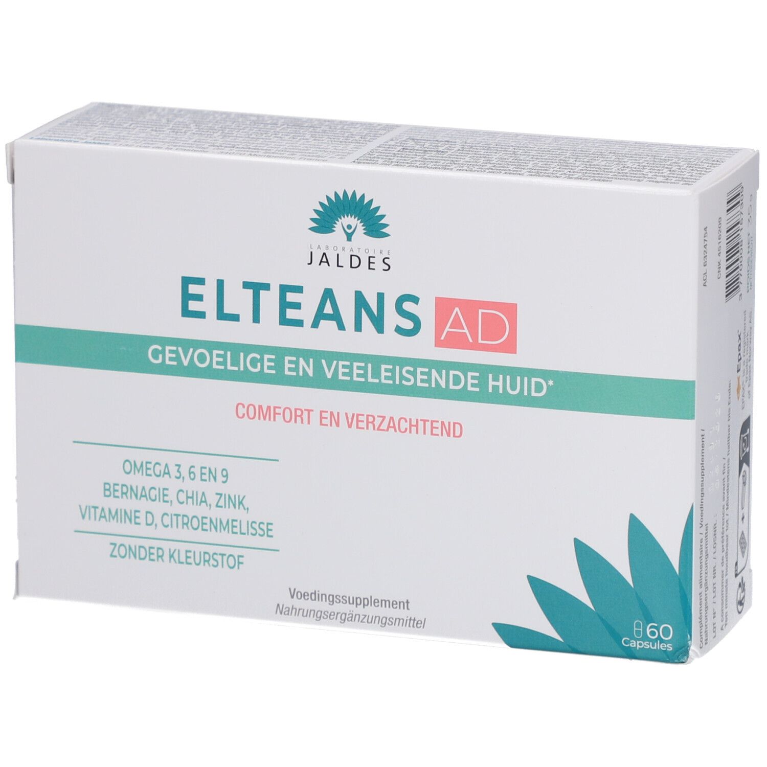 Boîte blanche "ELTEANS AD". Texte: "GEVOELIGE EN VEELEISENDE HUID". Contient 60 capsules. Ingrédients: Oméga 3, 6, 9, Bourrache, Chia, Zinc, Vitamine D, Mélisse.