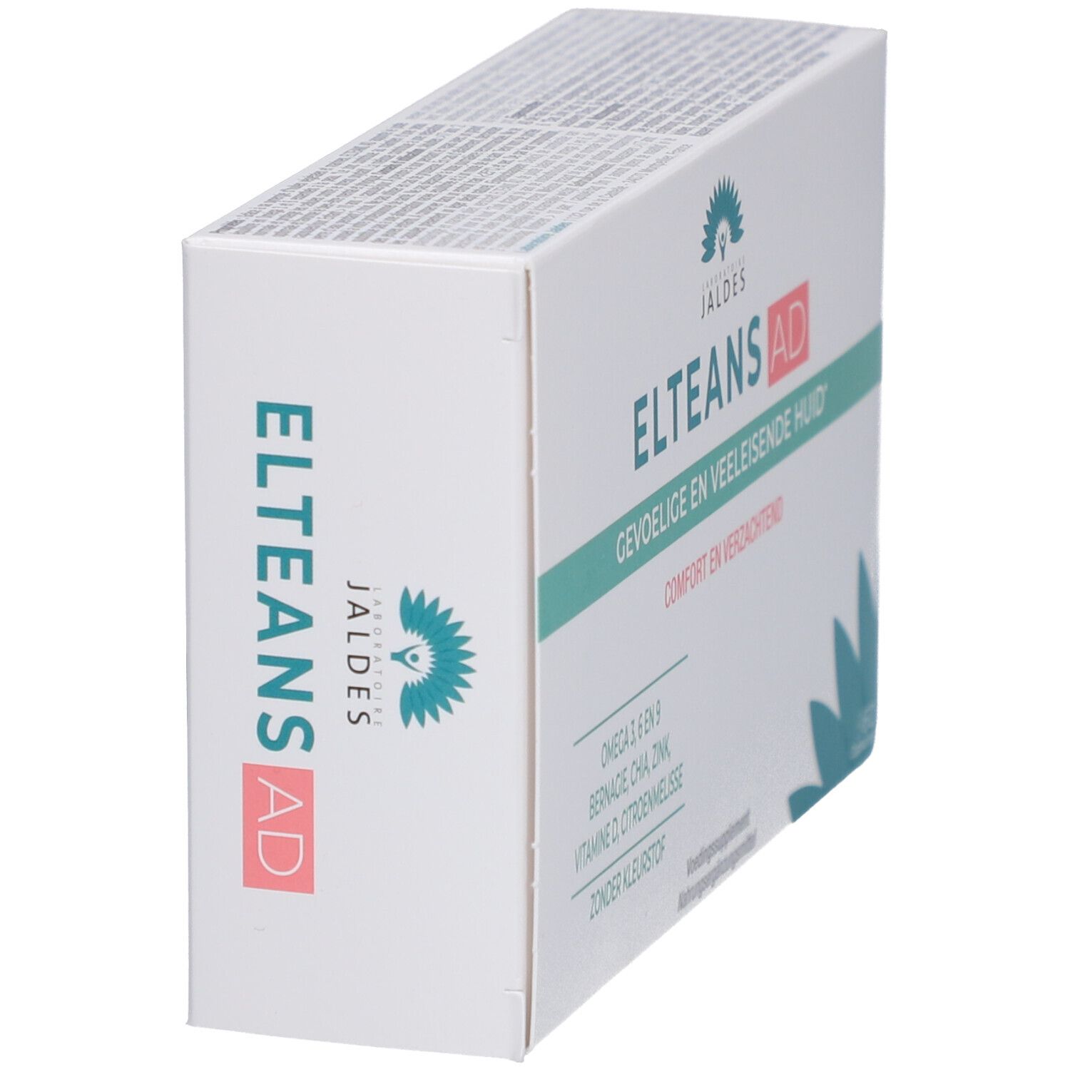Boîte "ELTEANS AD" en biais. Texte: "GEVOELIGE EN VEELEISENDE HUID". Ingrédients: Oméga 3, 6, 9, Bourrache, Chia, Zinc, Vitamine D, Mélisse. Sans colorant.