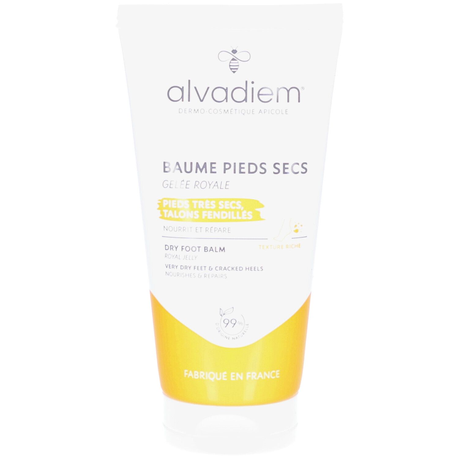 Tube blanc et jaune. Inscription: alvadiem, Baume Pieds Secs, Gelée Royale. Texte en français et anglais. 99% ingrédients d'origine naturelle.