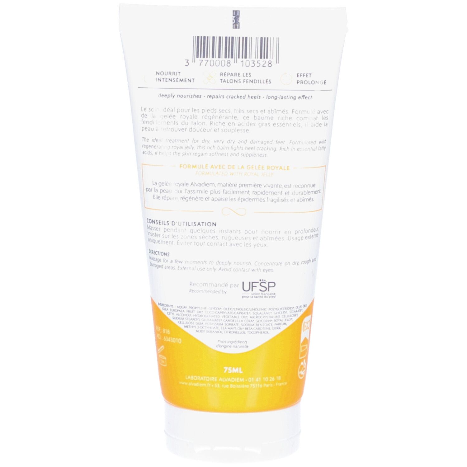 Dos du tube. Texte en français et anglais. Code-barres et texte. Zone jaune avec texte. Volume: 75 ml.