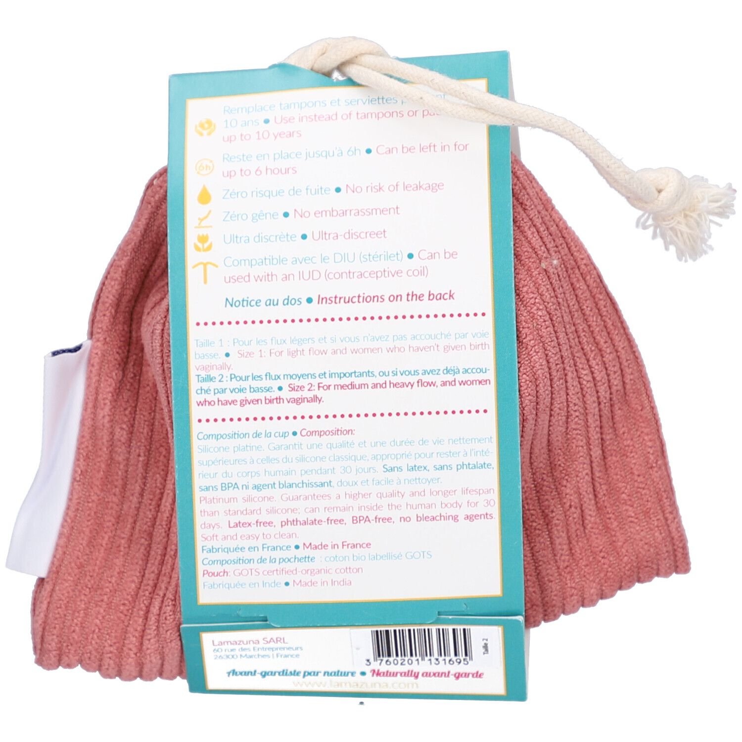 Dos de l'étiquette avec texte. Informations sur l'utilisation, le matériau et la taille. Texte en français.