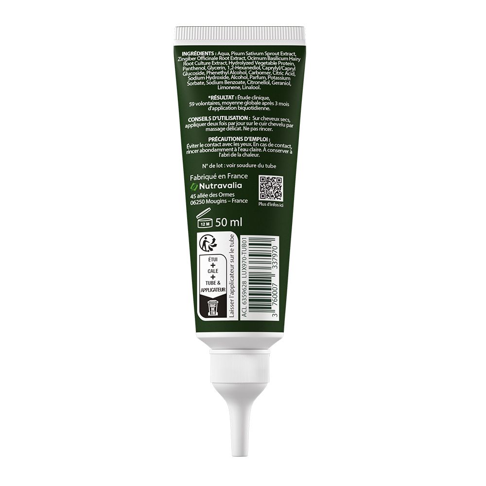 Tube verte avec applicateur blanc. Ingrédients, résultats, conseils d'utilisation, précautions d'emploi, 50 ml.