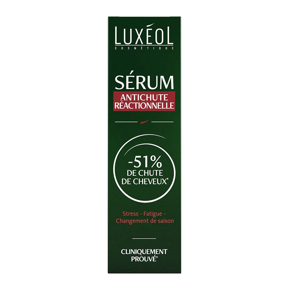 Emballage vert avec logo LUXEOL et texte: Sérum Antichute Réactionnelle, -51% de chute de cheveux, Cliniquement prouvé.