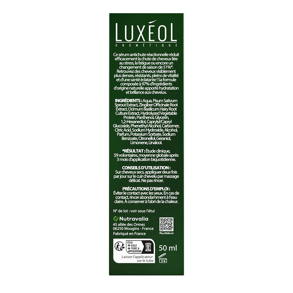 Boîte verte avec logo LUXEOL. Texte: Sérum Antichute Réactionnelle, -51% de chute de cheveux, Cliniquement prouvé. Produit et applicateur.