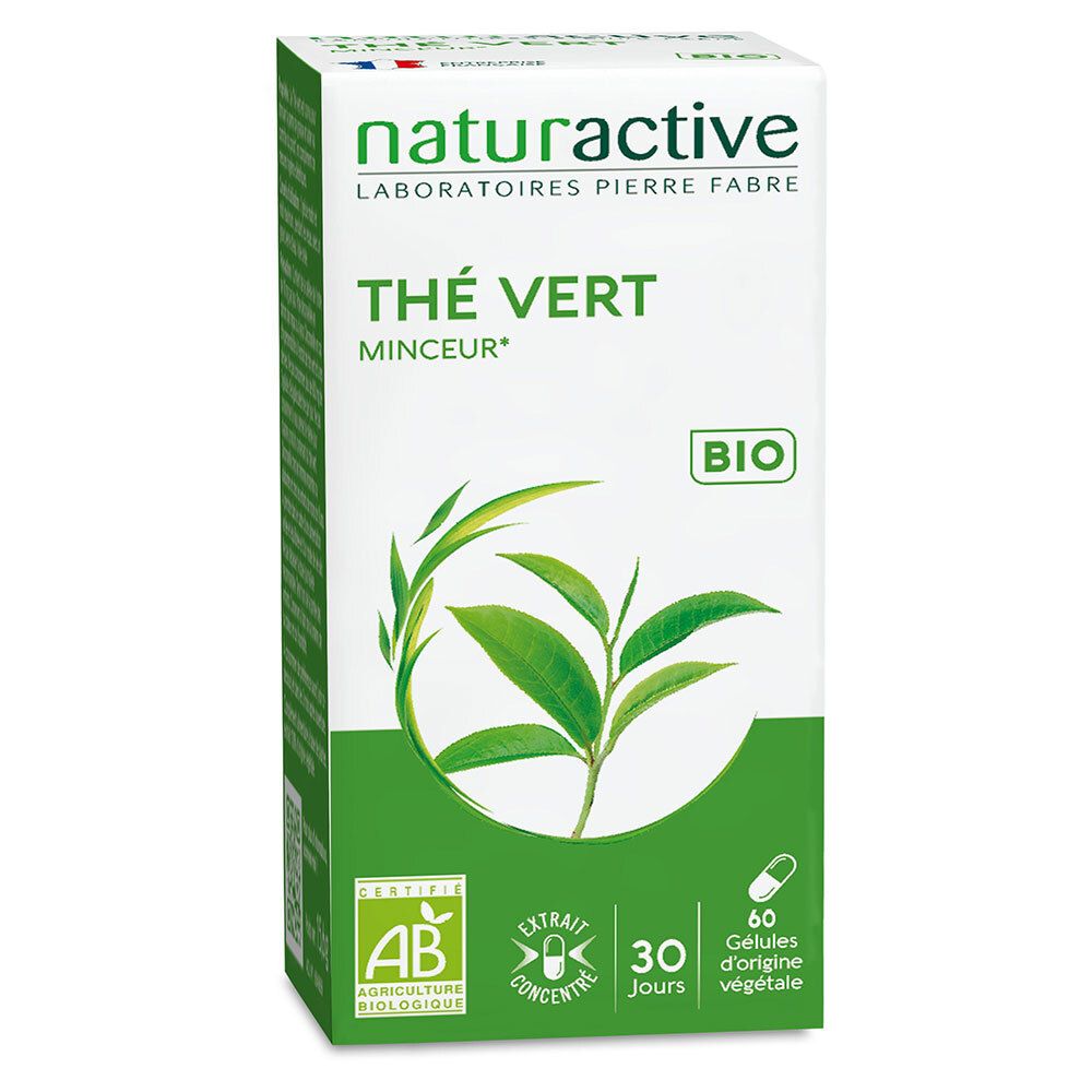 Boîte verte avec inscription Thé Vert Minceur Bio. Label AB. 60 gélules. 30 jours.