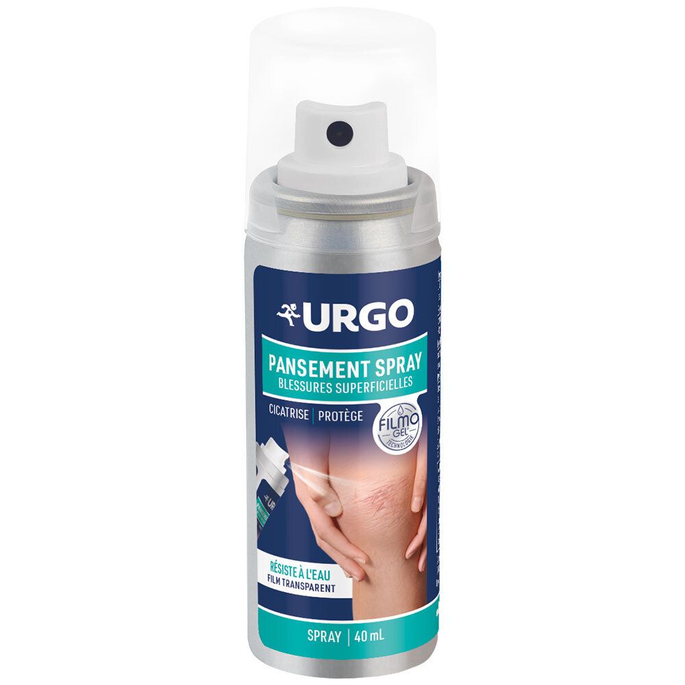 Spray URGO, Pansement Spray, Blessures superficielles. Filmogel. 40 ml. Bouteille métallique avec bouchon transparent.