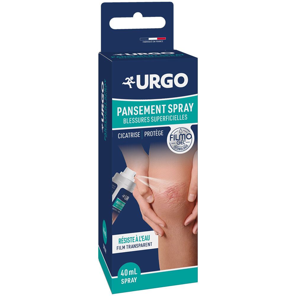 Boîte URGO Pansement Spray, Blessures superficielles. Filmogel. 40 ml. Boîte bleue et blanche avec spray.