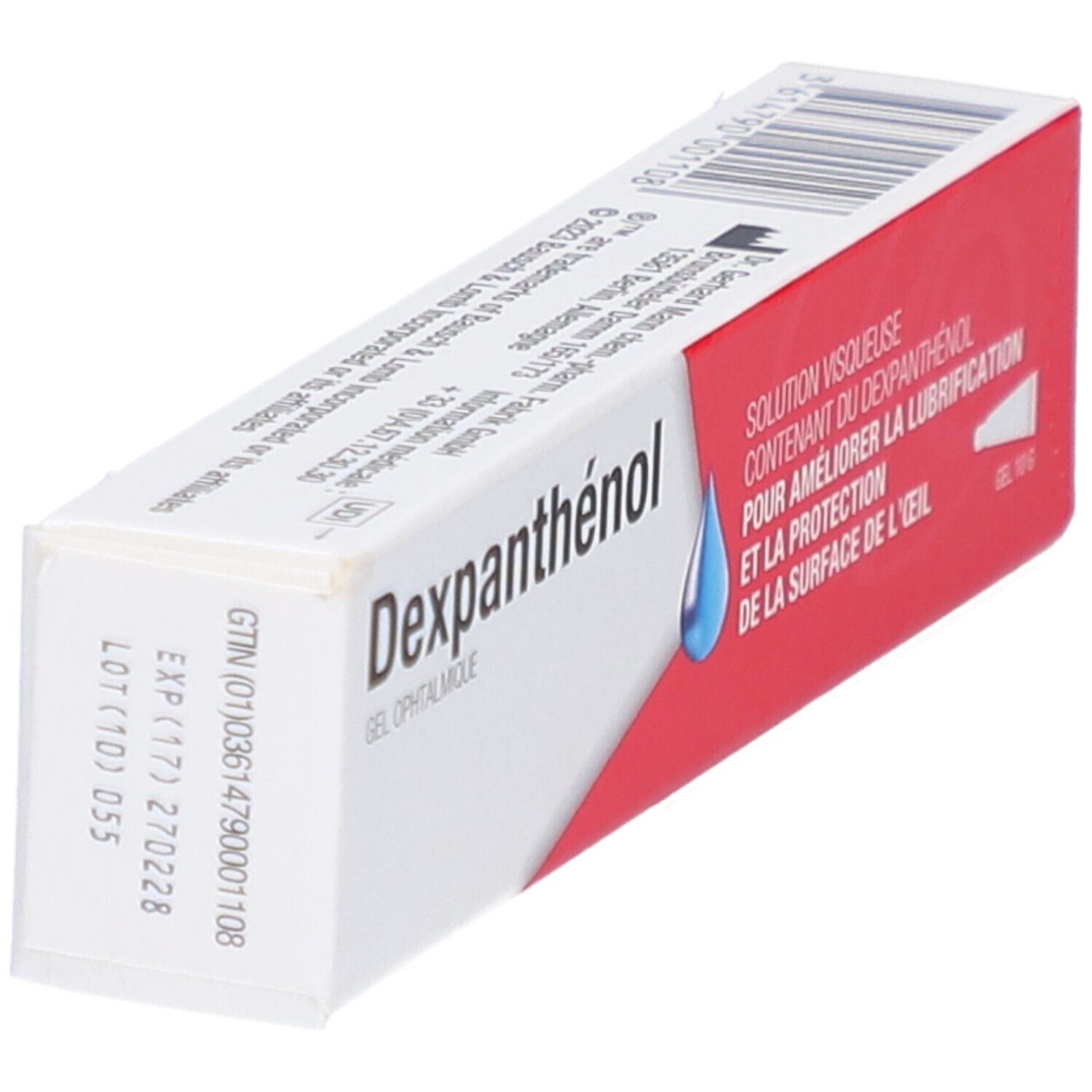 Boîte de gel ophtalmique Dexpanthenol, vue de dessus. Emballage rouge et blanc. Texte : Gel ophtalmique, solution pour lubrification des yeux.