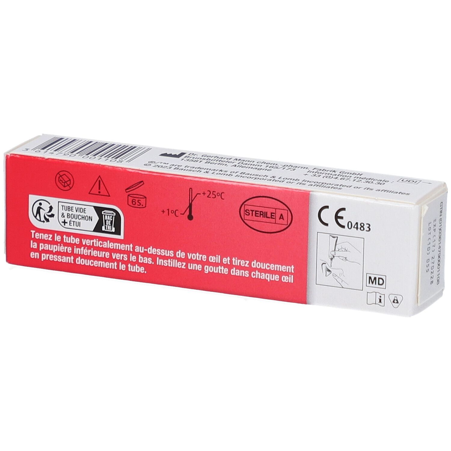 Dos de la boîte de gel ophtalmique Dexpanthenol. Texte : Mode d'emploi, Stérile A, marquage CE.