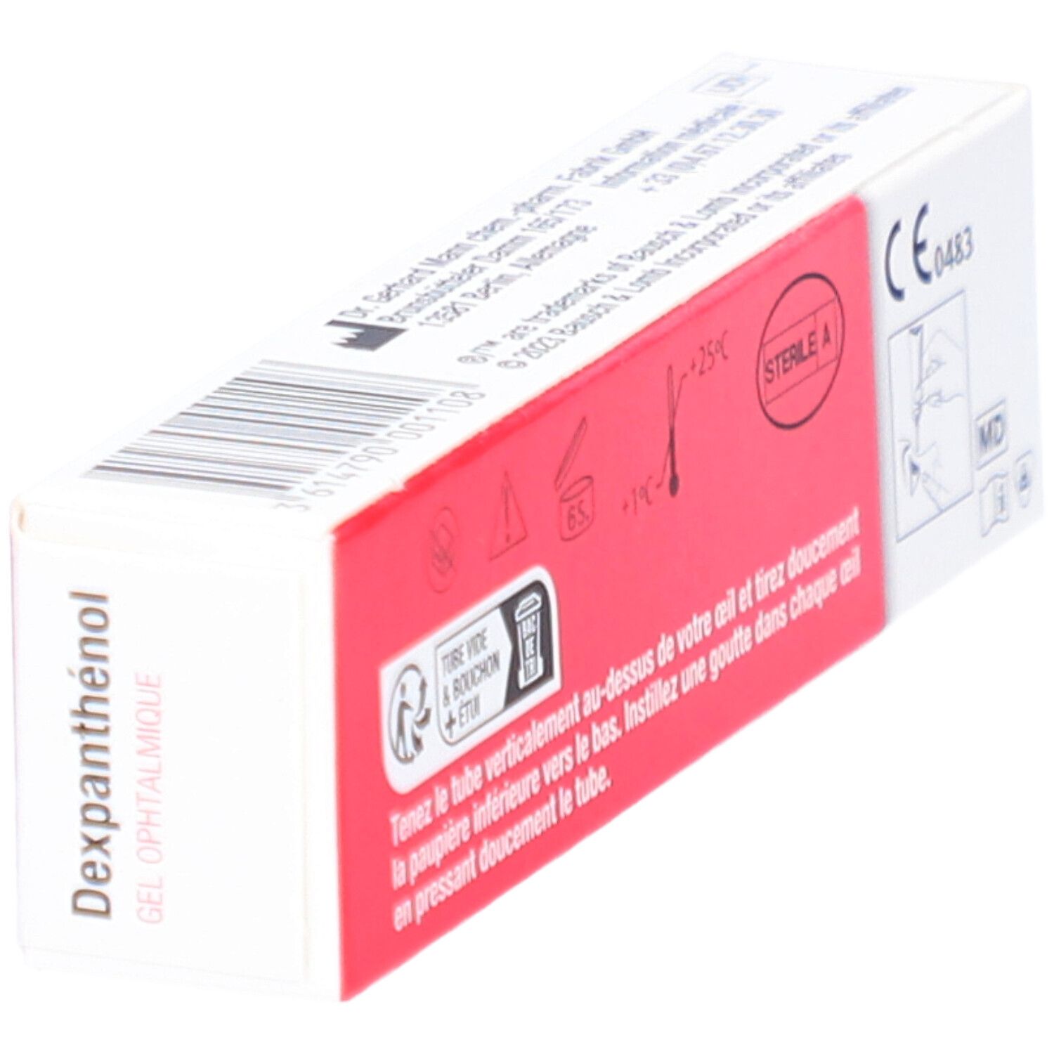 Boîte de gel ophtalmique Dexpanthenol, vue en biais. Texte : Mode d'emploi, Stérile A, marquage CE.