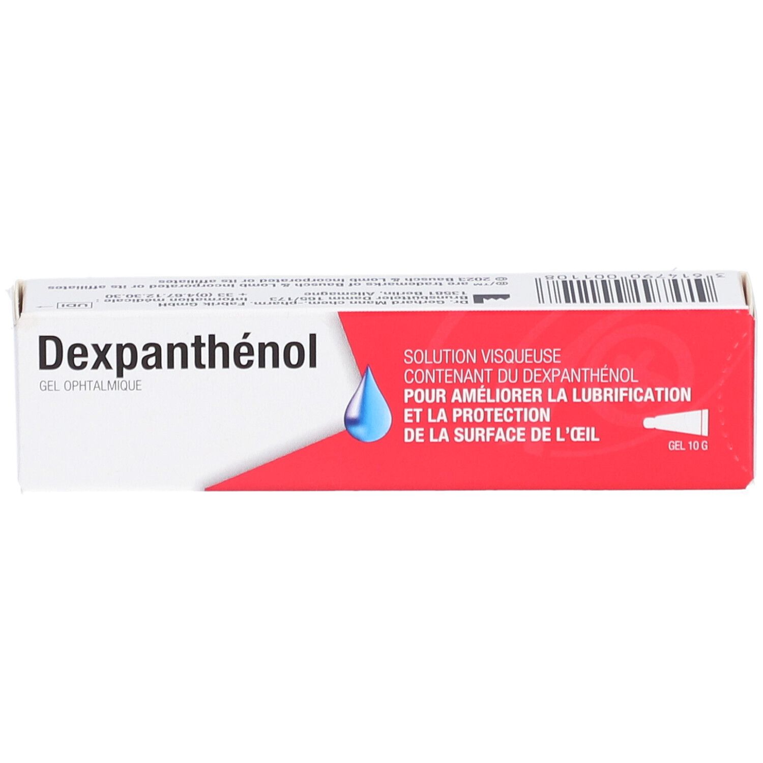 Boîte de gel ophtalmique Dexpanthenol. Emballage rouge et blanc. Texte : Gel ophtalmique, solution pour lubrification des yeux.