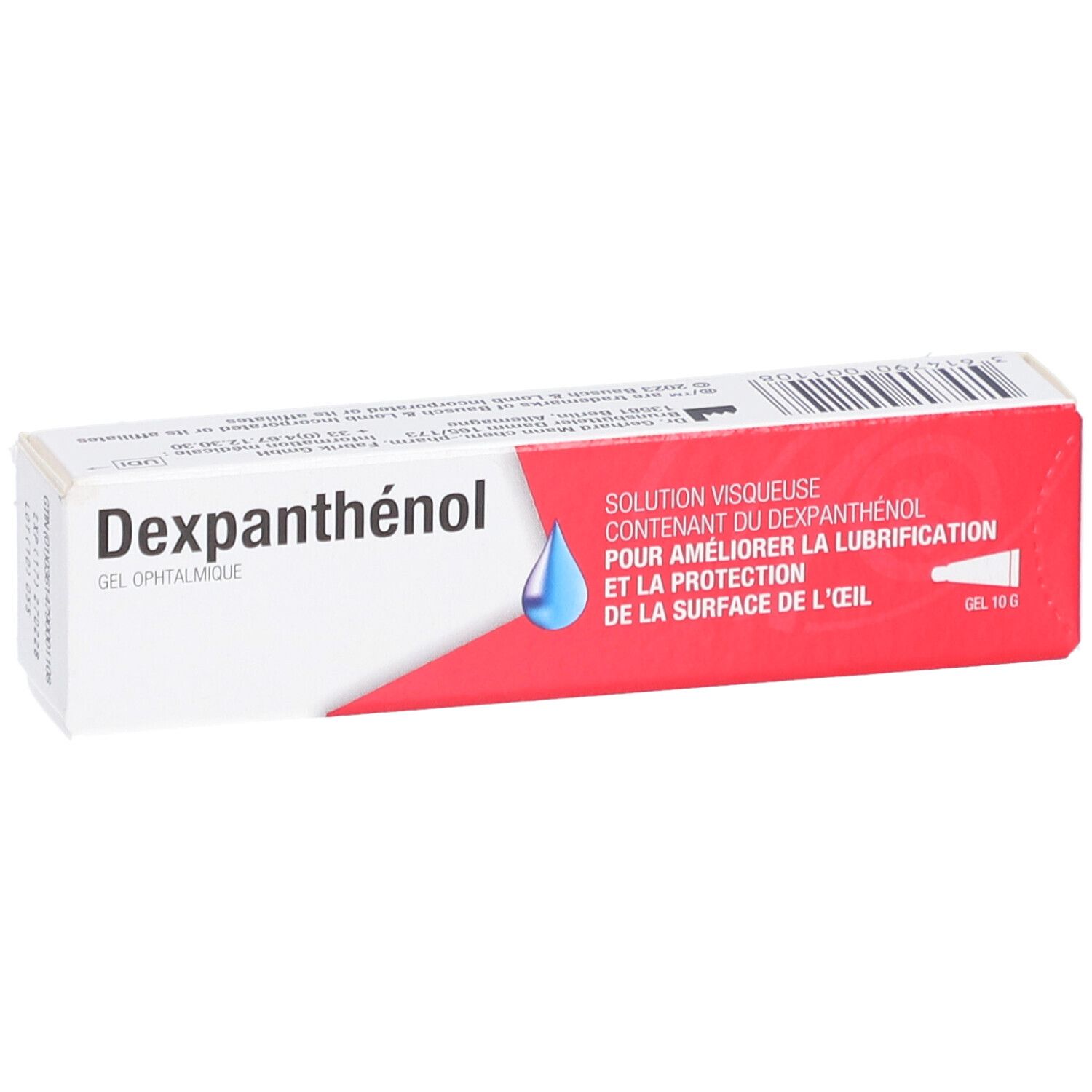 Boîte de gel ophtalmique Dexpanthenol. Emballage rouge et blanc. Texte : Gel ophtalmique, solution pour lubrification des yeux.