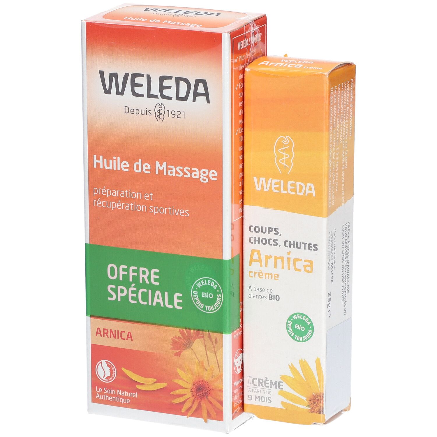Deux emballages WELEDA : Huile de Massage à l'Arnica et Arnica Crème. Design orange et blanc, labels bio verts. Textes : Huile de Massage, Arnica Crème.