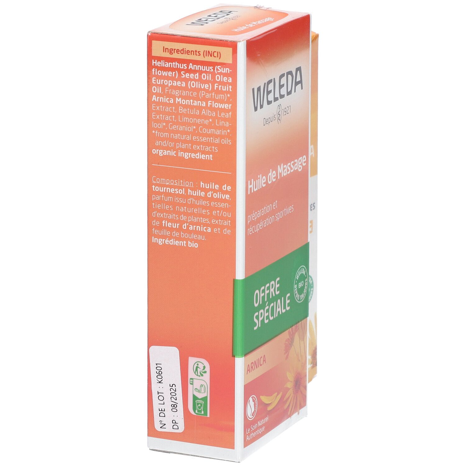 Vue latérale de l'emballage WELEDA Huile de Massage à l'Arnica. Design orange et blanc. Textes : Ingrédients, numéro de lot, date de péremption, label bio.