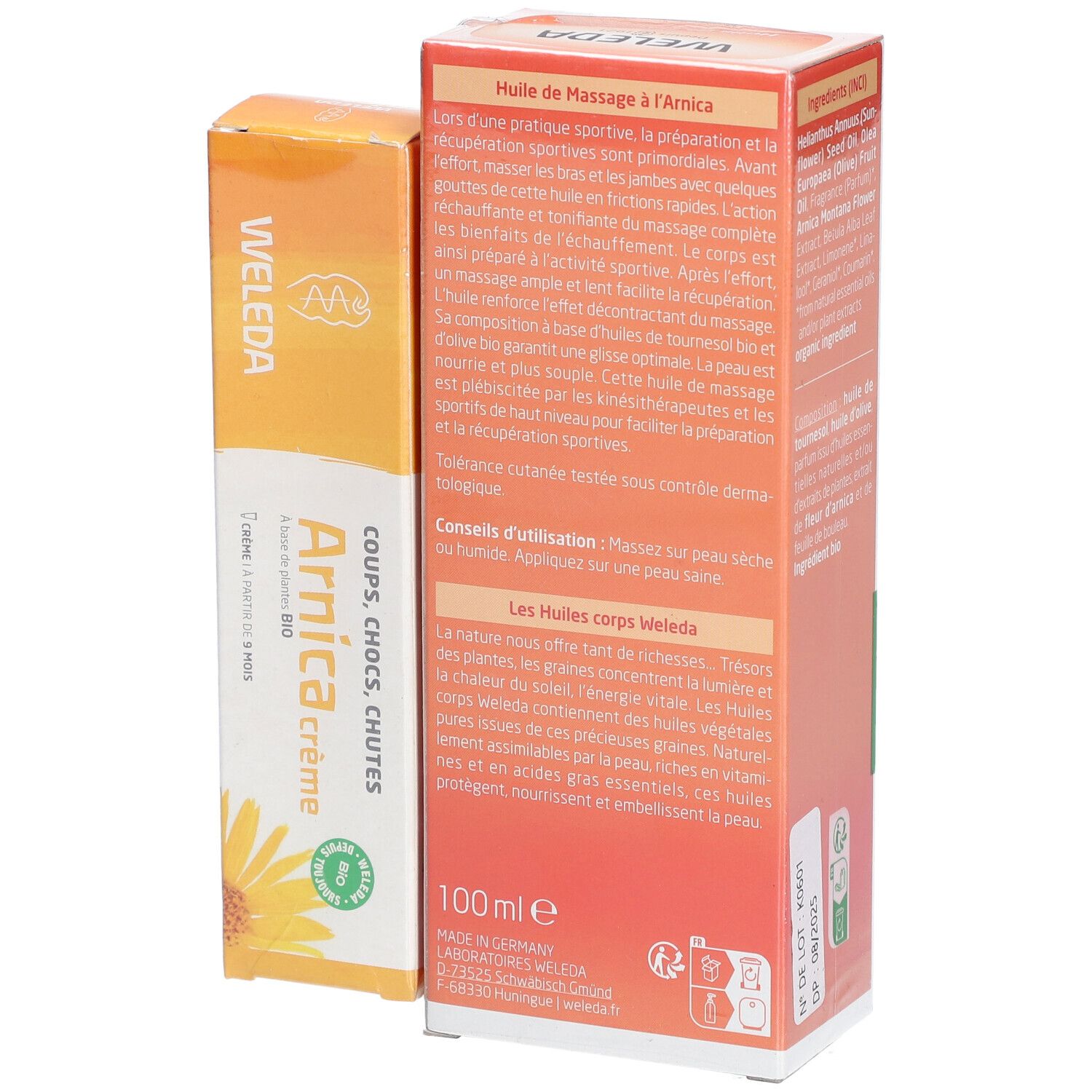 WELEDA Arnica Crème et Huile de Massage à l'Arnica. Tube de crème et flacon. Textes : Arnica Crème, 100ml, Coups, Chocs, Chutes. Label bio. Fabriqué en Allemagne.