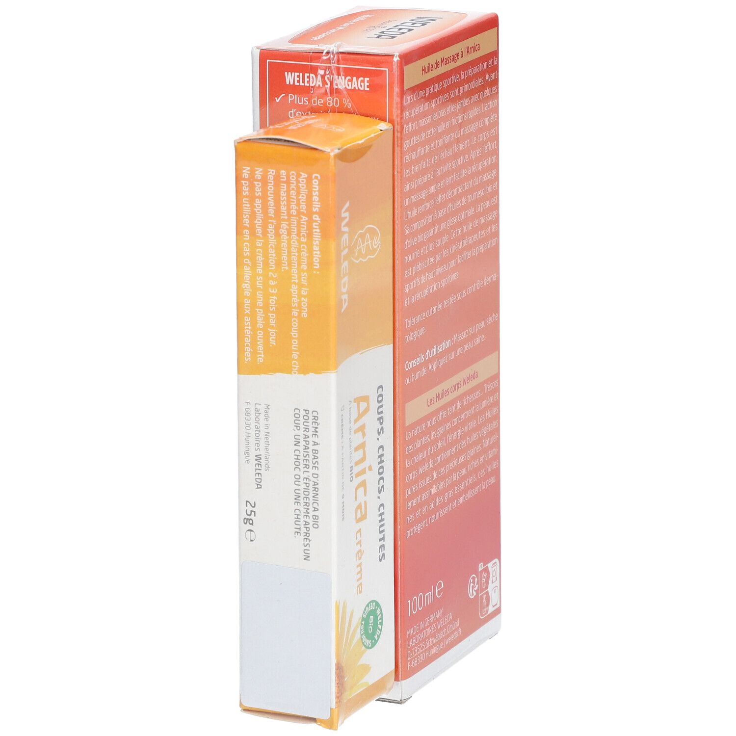 WELEDA Arnica Crème et Huile de Massage à l'Arnica. Emballages superposés. Textes : Arnica Crème, 25g, Coups, Chocs, Chutes. Label bio. 100ml.