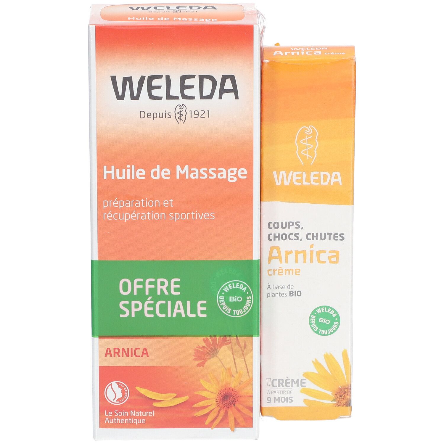 Deux emballages WELEDA : Huile de Massage à l'Arnica et Arnica Crème. Design orange et blanc, labels bio verts. Textes : Huile de Massage, Arnica Crème, Offre Spéciale.