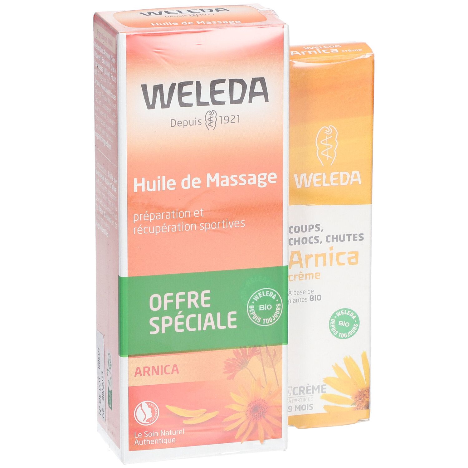 Deux emballages WELEDA : Huile de Massage à l'Arnica et Arnica Crème. Design orange et blanc, labels bio verts. Textes : Huile de Massage, Arnica Crème, Offre Spéciale.
