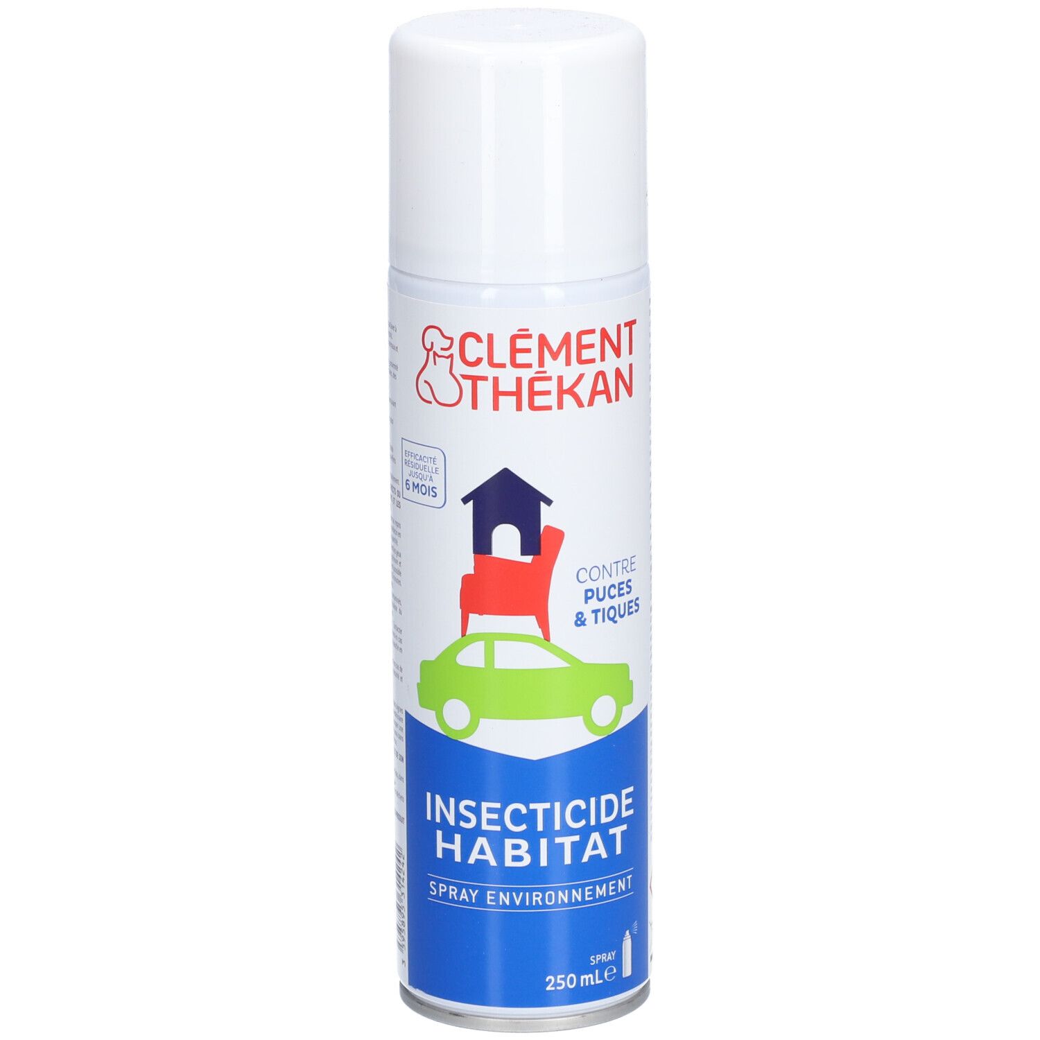 Spray blanc. Logo rouge. Texte: INSECTICIDE HABITAT, CONTRE PUCES & TIQUES. 250 ml.