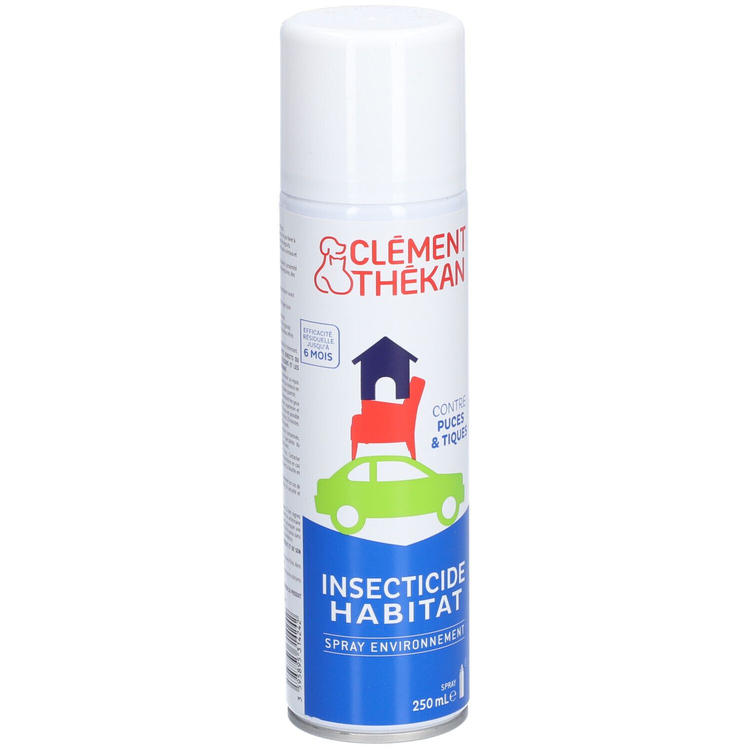 Spray blanc. Logo rouge. Texte: INSECTICIDE HABITAT, CONTRE PUCES & TIQUES. 250 ml.