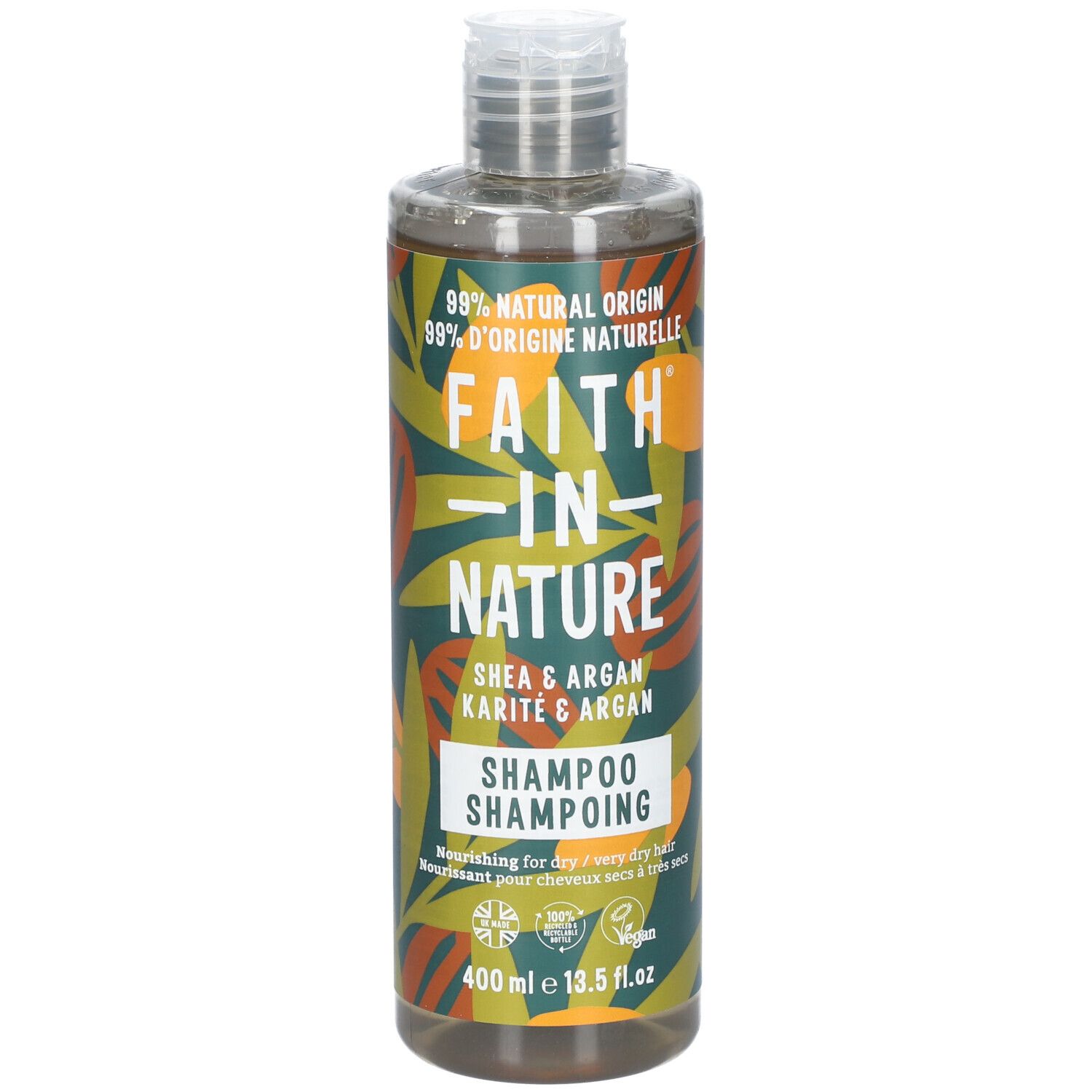 Flacon de shampooing FAITH IN NATURE. Shea & Argan. 400 ml. Vegan.