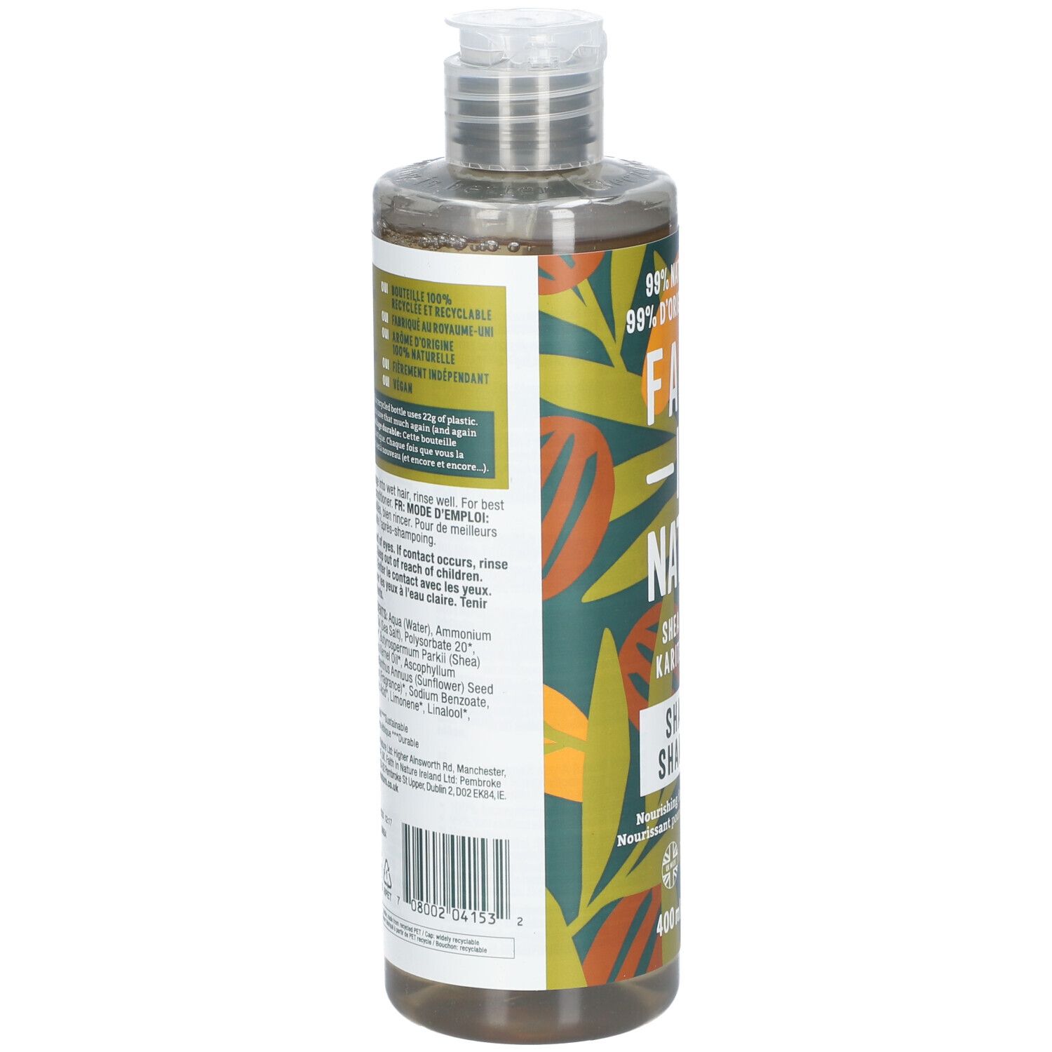 Dos du flacon de shampooing. Texte: 99% origine naturelle. Recyclable. Vegan.