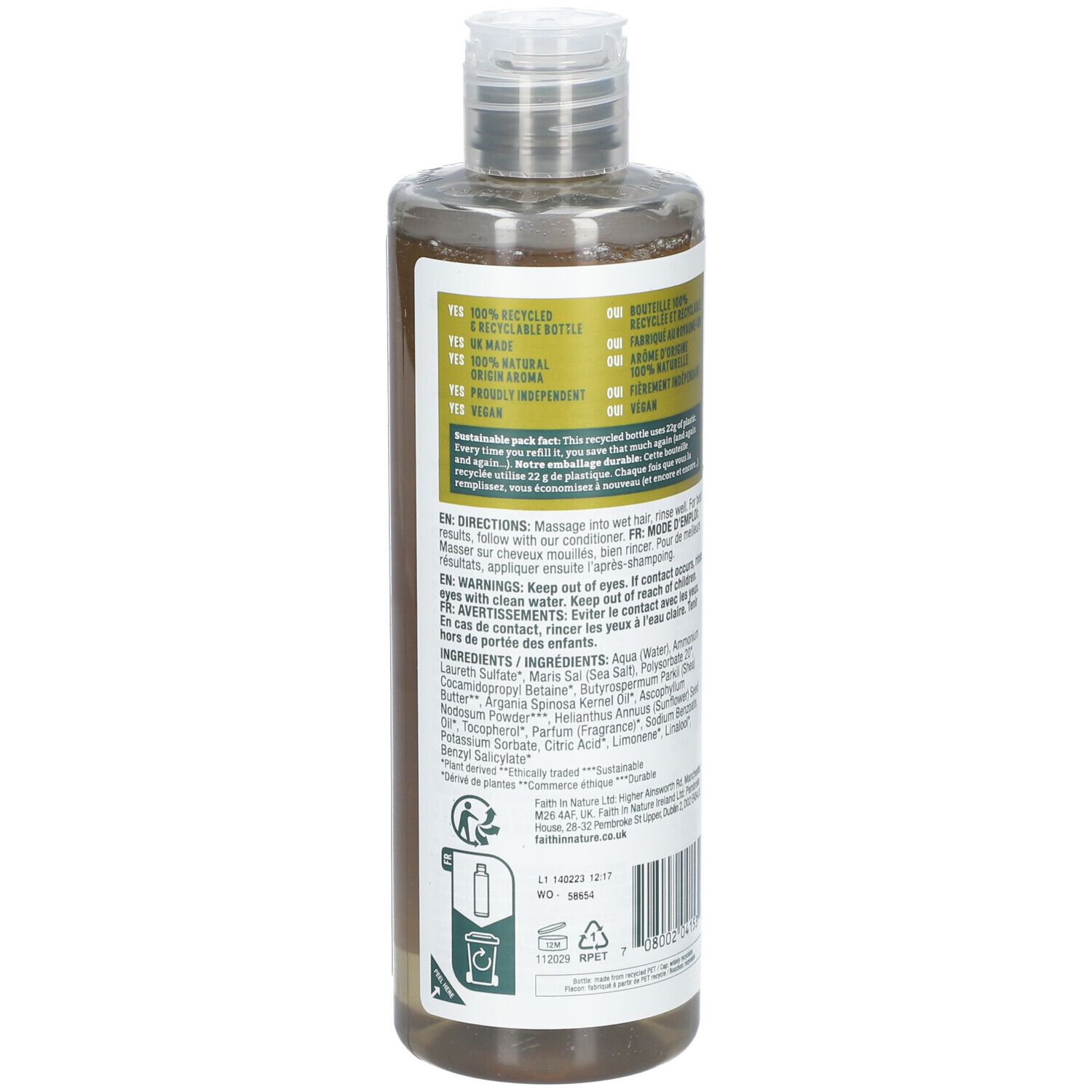 Dos du flacon de shampooing. Ingrédients et mode d'emploi. Vegan.