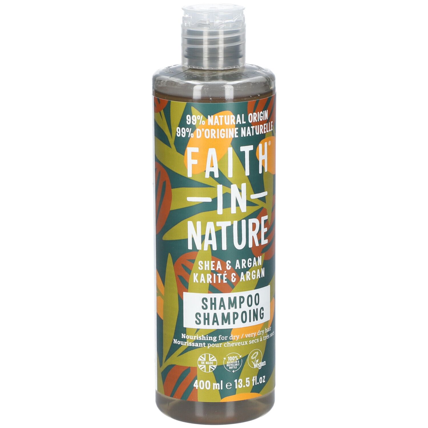 Flacon de shampooing FAITH IN NATURE. Shea & Argan. 400 ml. Vegan.