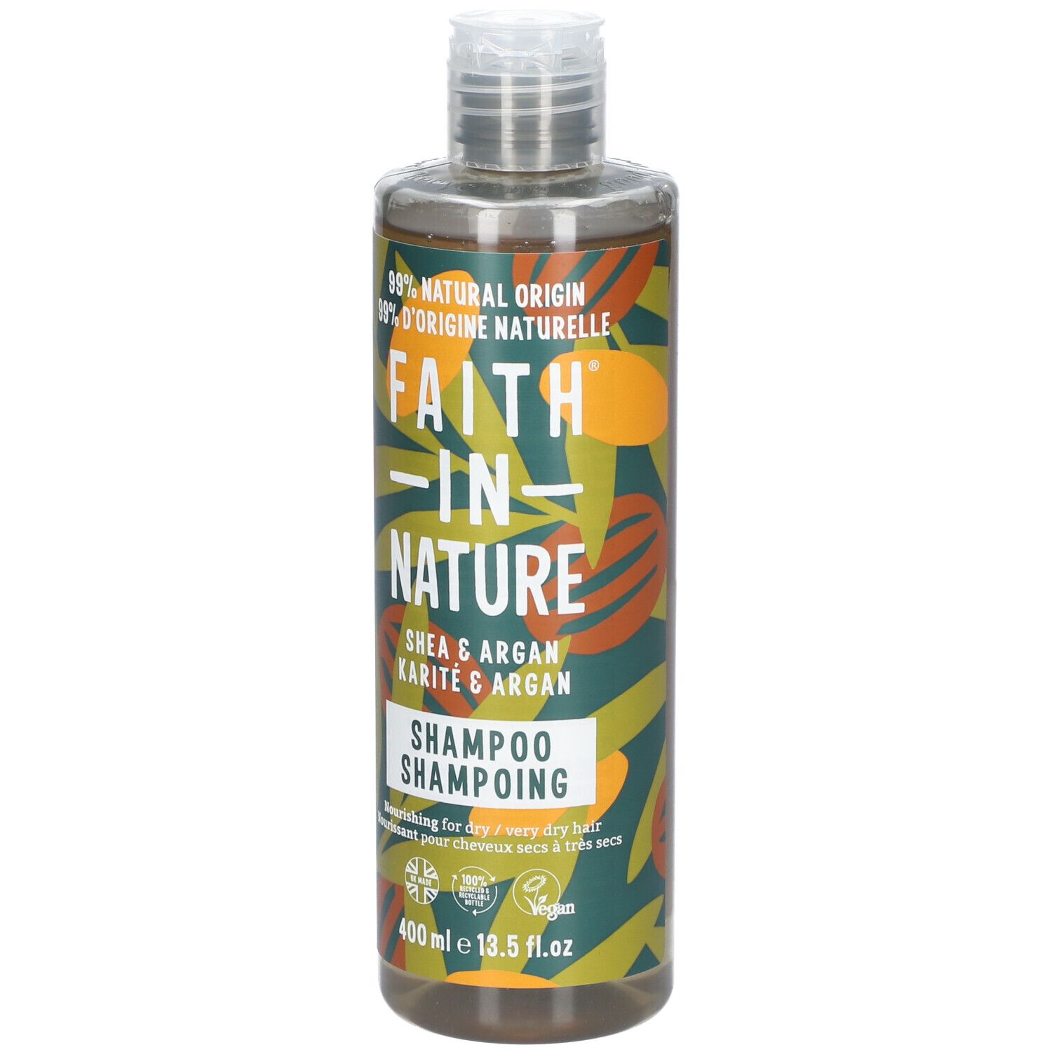 Flacon de shampooing FAITH IN NATURE. Shea & Argan. 400 ml. Vegan.