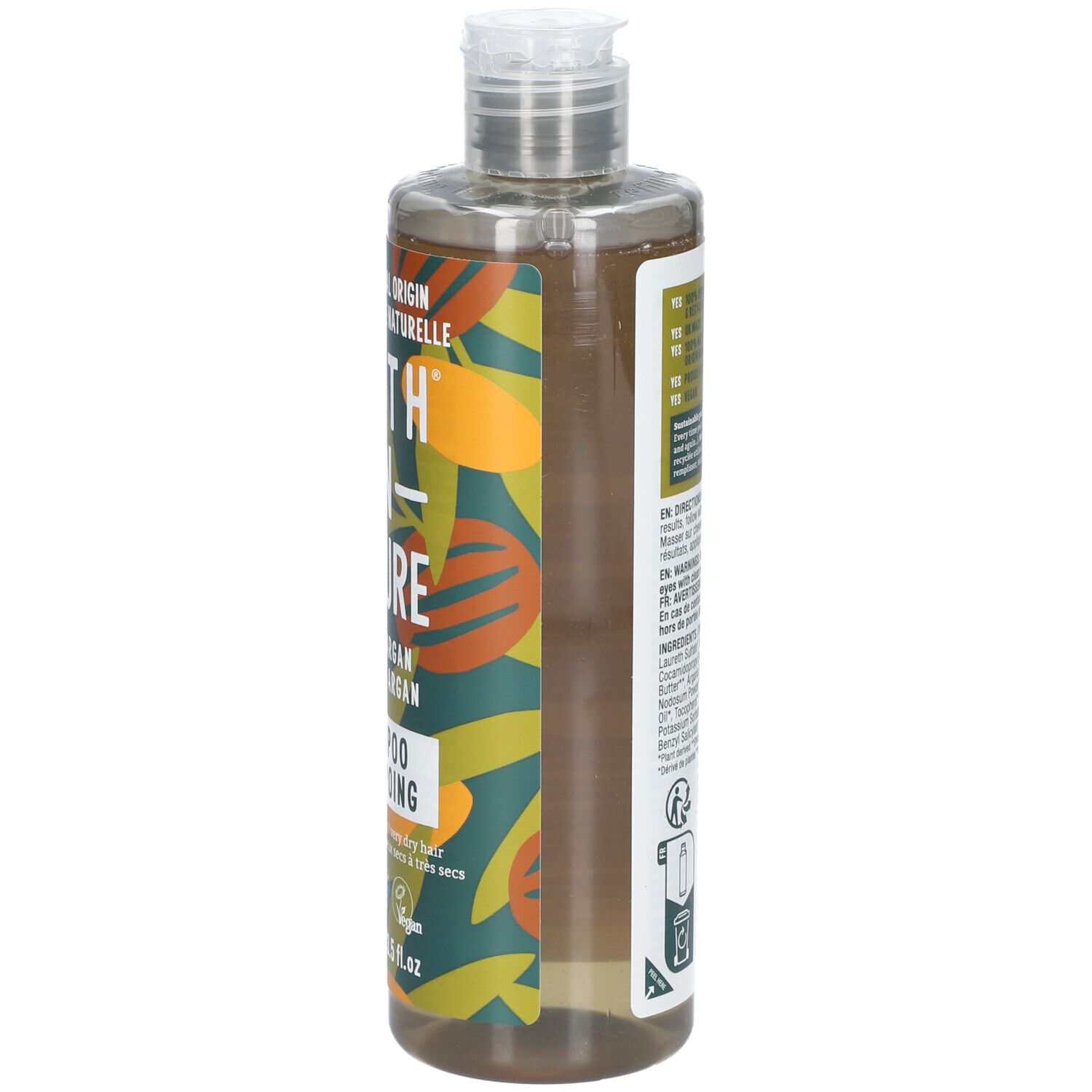 Côté du flacon de shampooing. Logo FAITH IN NATURE. Shea & Argan. Vegan.