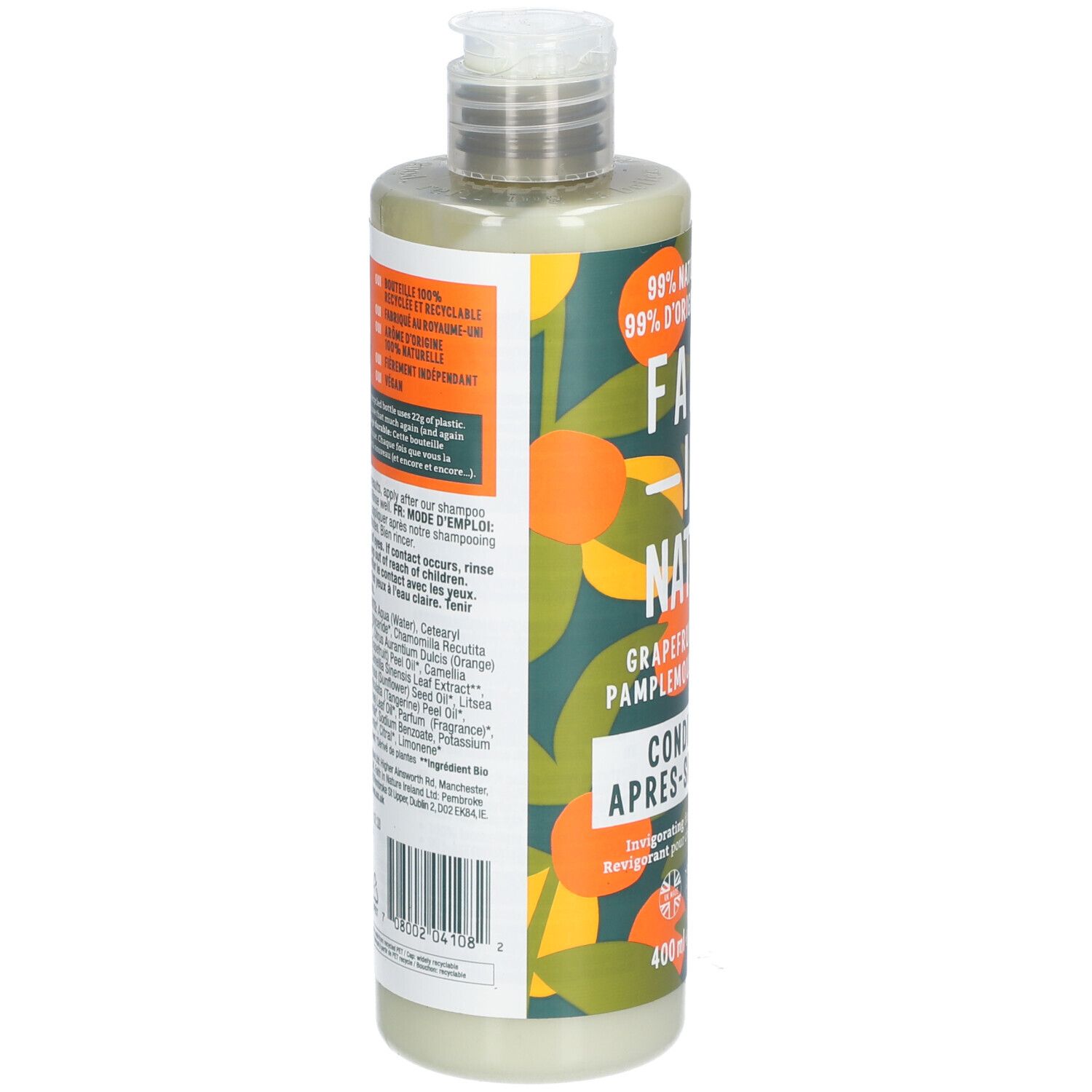 Arrière de la bouteille FAITH IN NATURE Après-Shampoing Pamplemousse & Orange avec ingrédients.