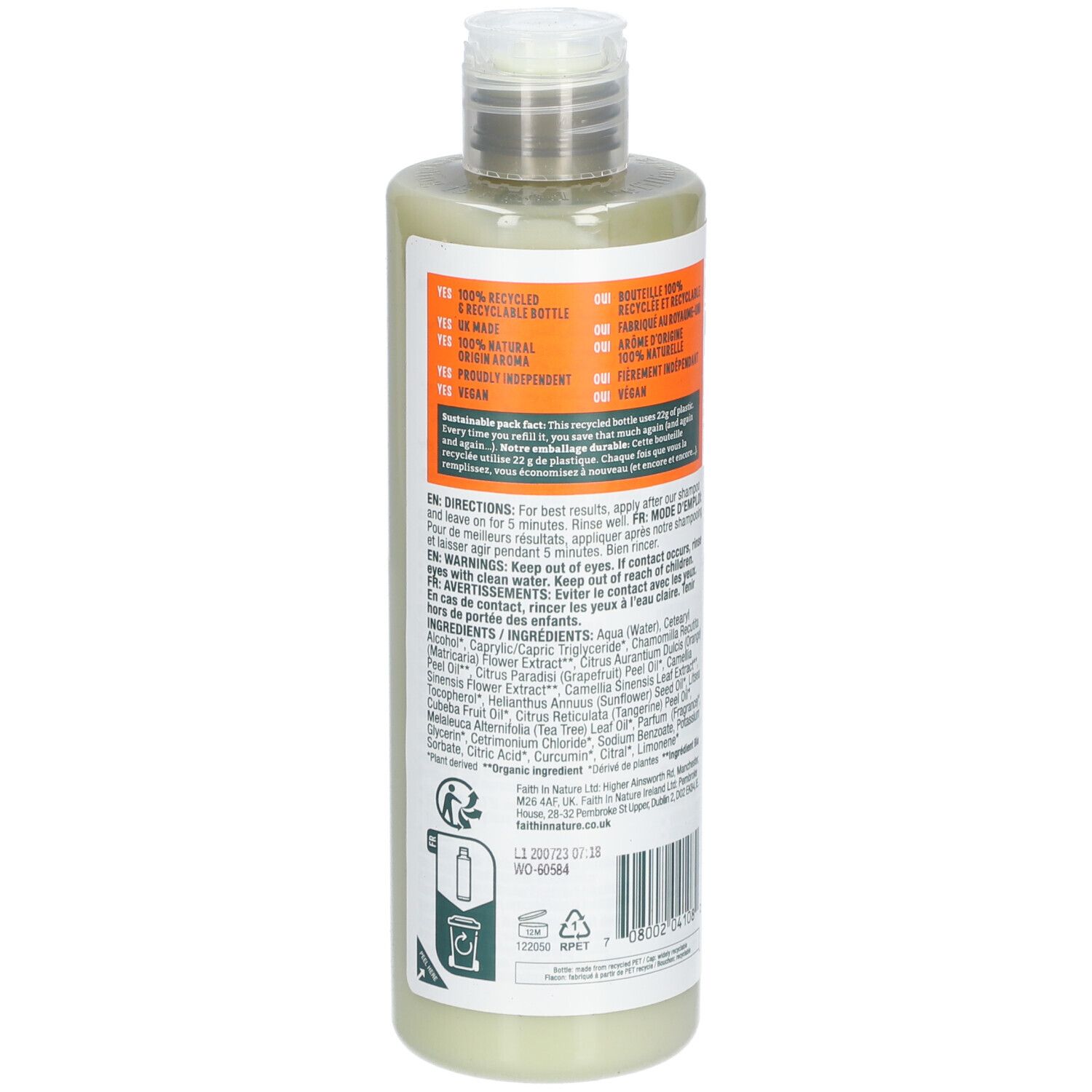 Arrière de la bouteille FAITH IN NATURE Après-Shampoing Pamplemousse & Orange avec instructions et certifications.