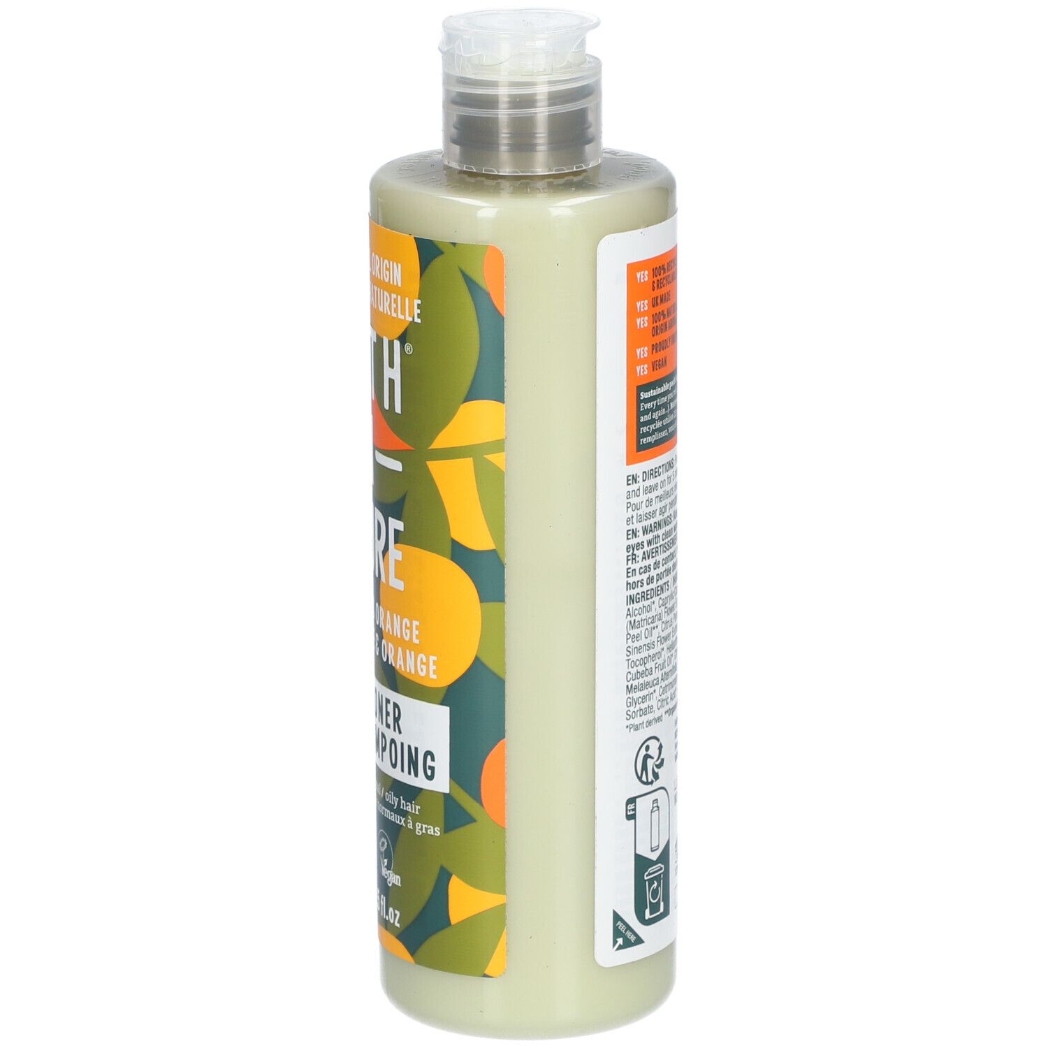 Arrière de la bouteille FAITH IN NATURE Après-Shampoing Pamplemousse & Orange avec instructions et certifications.